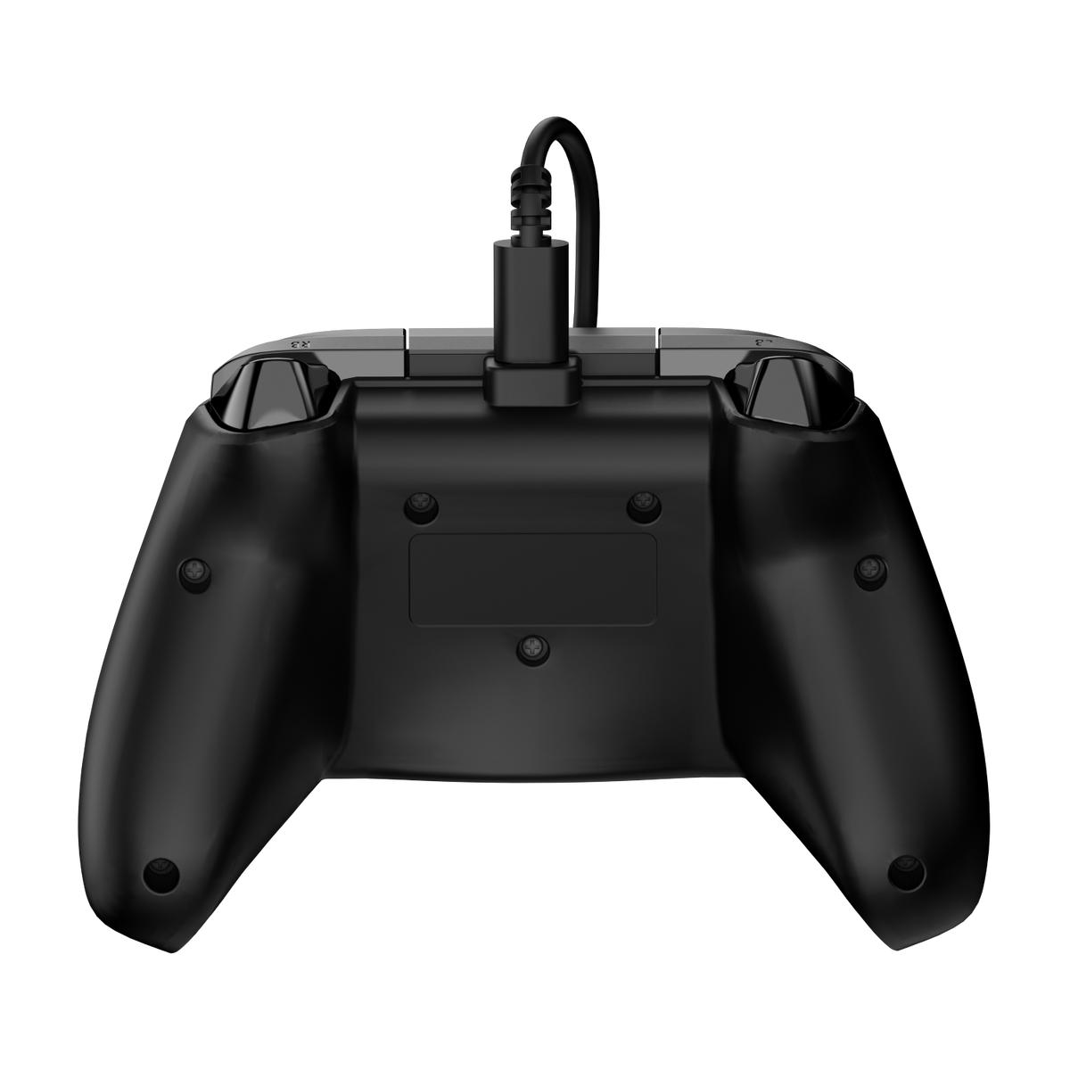 Rückseite eines schwarzen Controllers mit angeschlossenem Kabel.