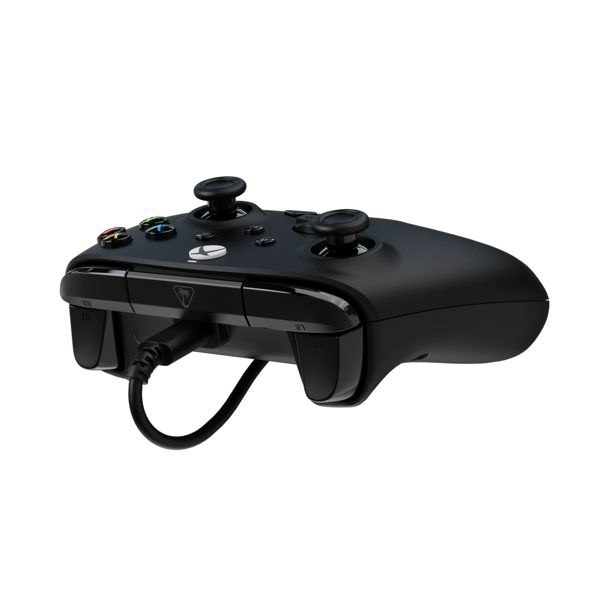 Schwarzer Gaming-Controller mit Kabelanschluss, zwei Joysticks und Tasten.