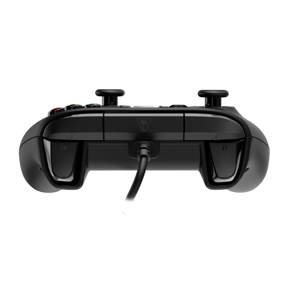 Schwarzer Gaming-Controller mit Kabel, Ansicht von oben, mit Griffen und Knöpfen.