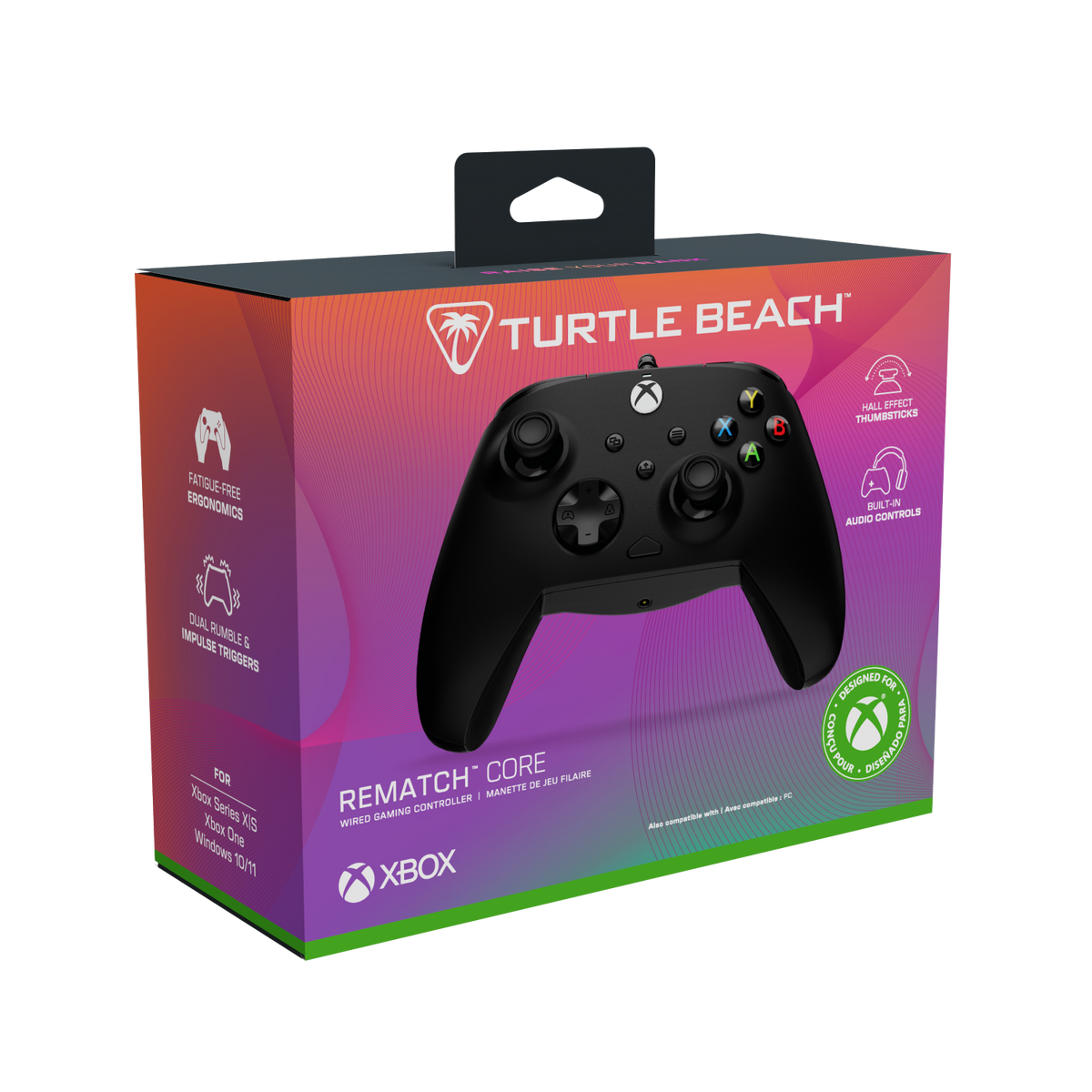 Schwarzer Xbox-Controller der Marke Turtle Beach auf lila/pinker Verpackung.