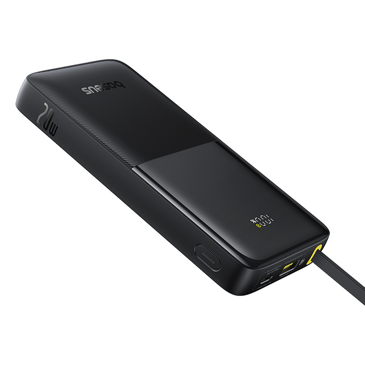 Power bank nero da 20W con display digitale, cavo collegato.