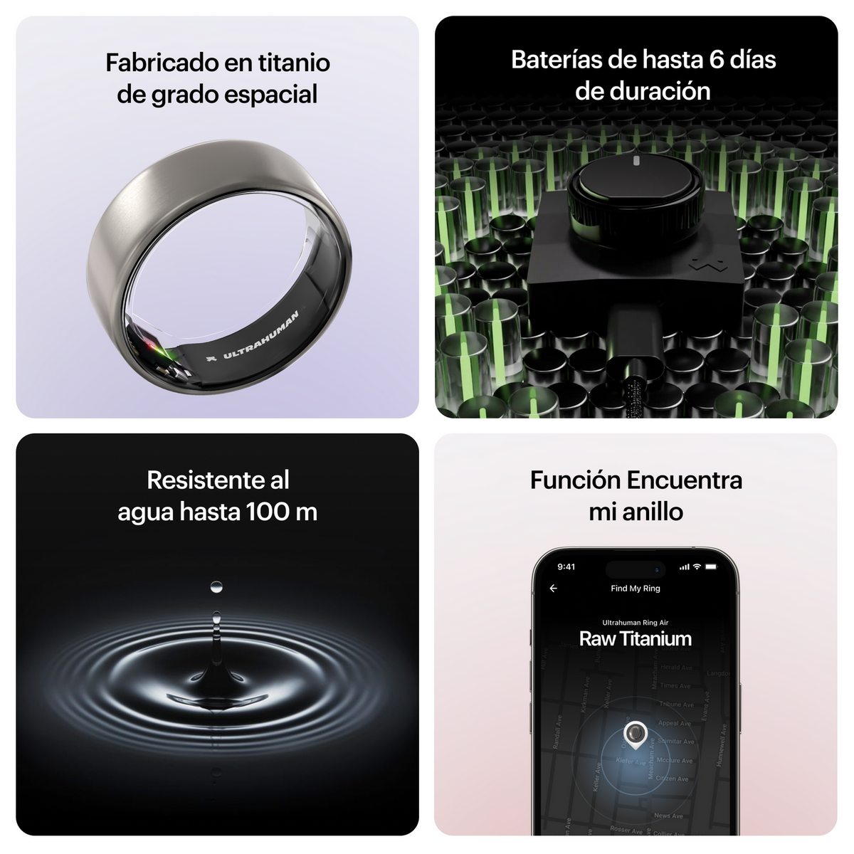 Vengono mostrati un anello in titanio, caricabatterie, goccia d'acqua e app per telefono.