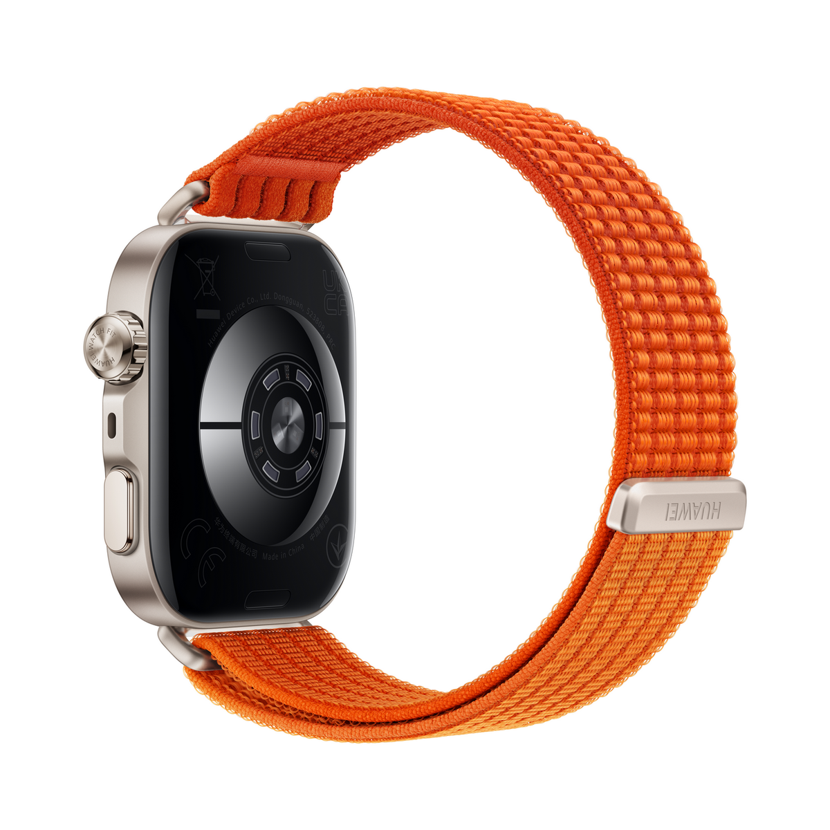 Reloj inteligente plateado con banda de tela naranja, parte trasera con sensores.