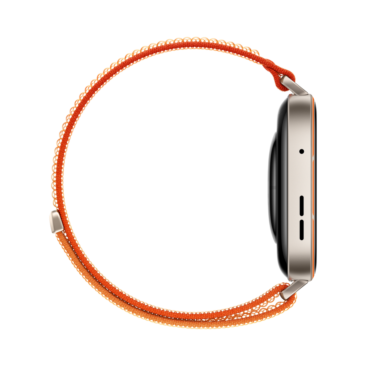 Reloj inteligente gris con correa trenzada naranja, vista lateral.