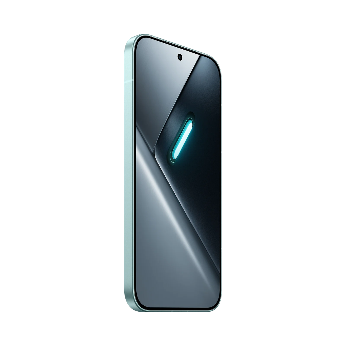 Un teléfono inteligente verde azulado con una luz azul en la pantalla.