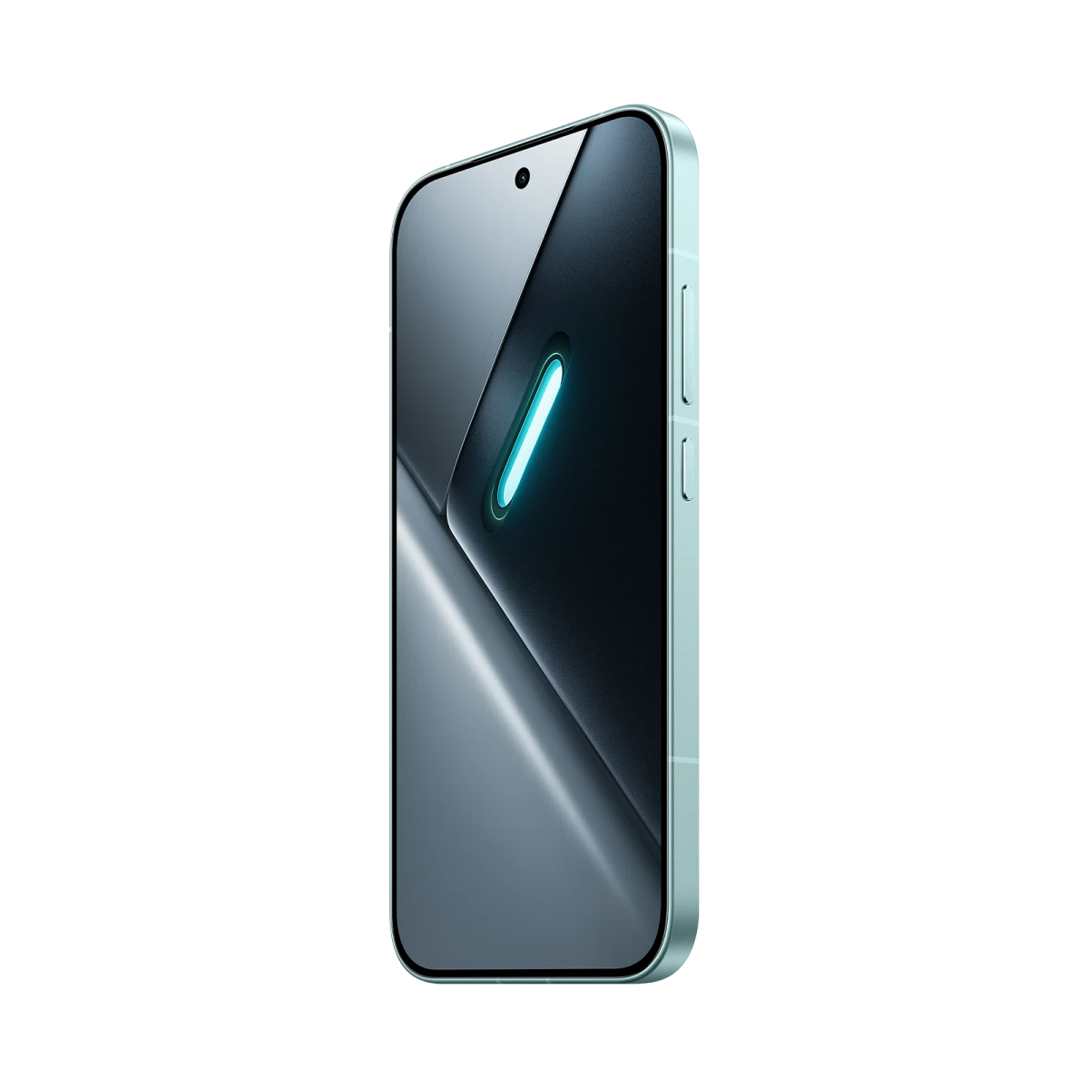 Un smartphone verde claro con una franja azul brillante en su pantalla oscura.