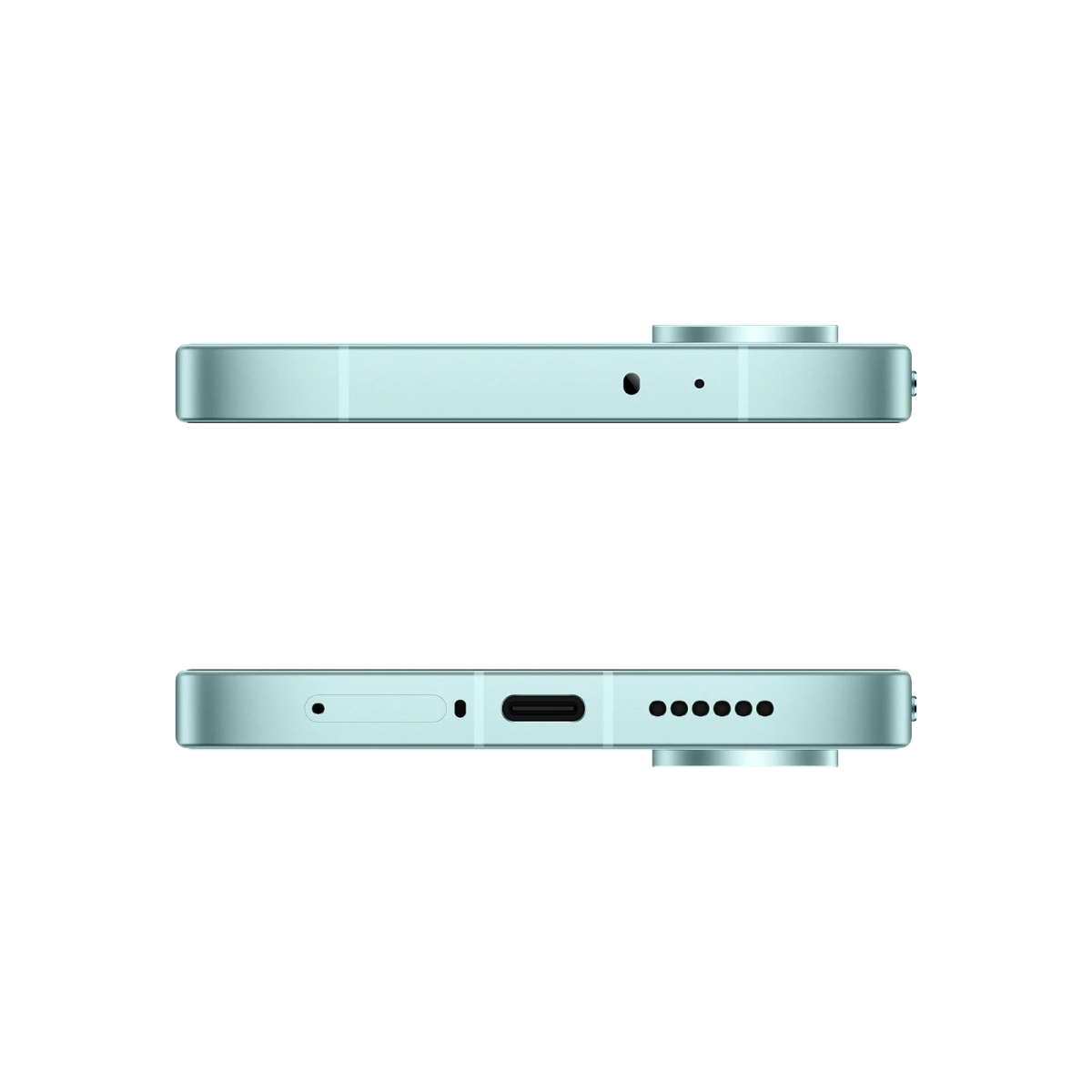 Arriba: Primer plano del borde superior de un smartphone verde claro con puerto de carga. Abajo: Primer plano del borde inferior.