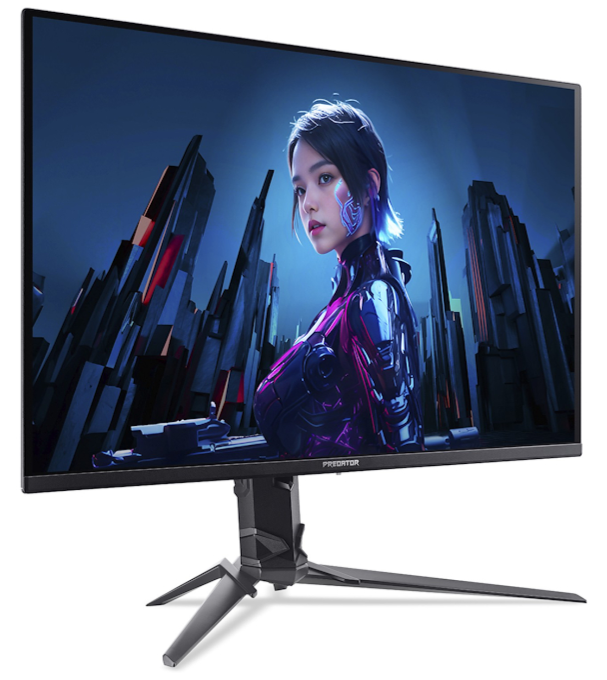 Un monitor muestra a una mujer con atuendo futurista ante un telón de fondo de ciudad ciberpunk.