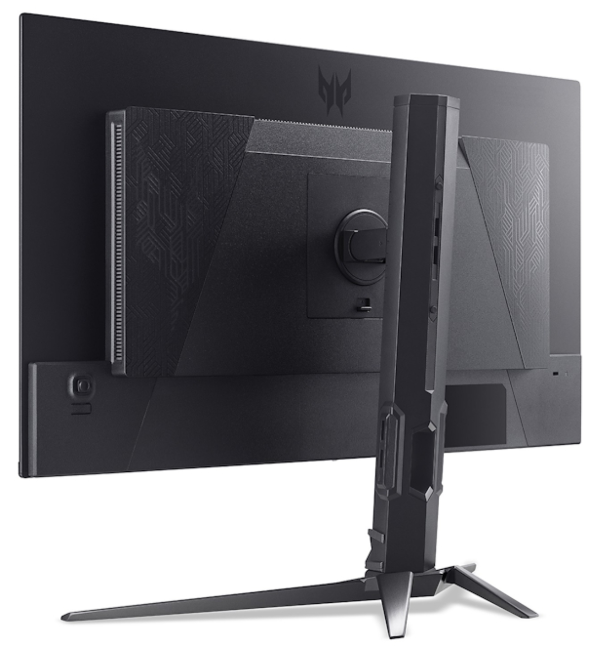 Parte posterior de un monitor negro con soporte de tres patas y un logo.