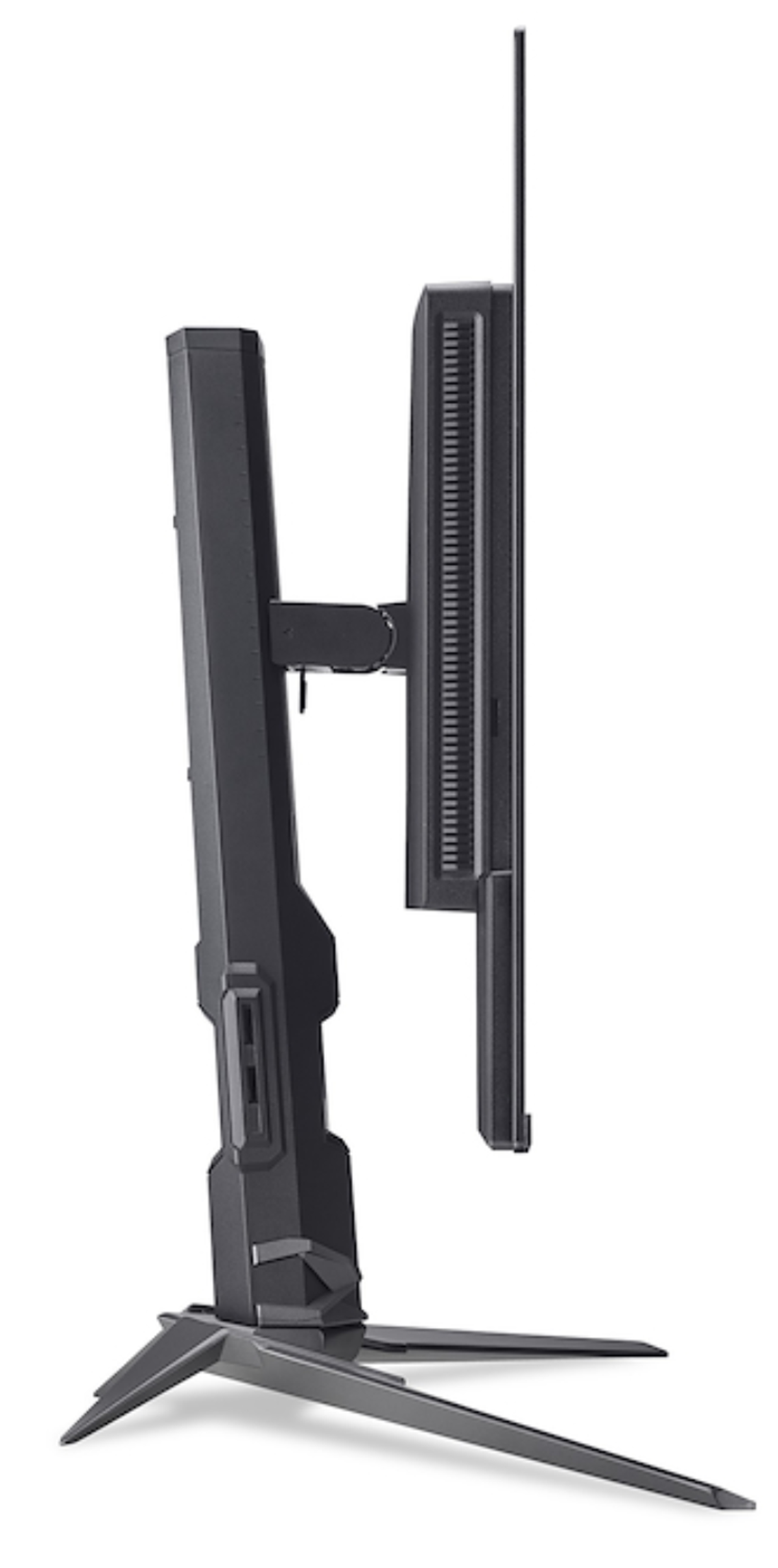 Un monitor negro sobre una base de tres patas, visto de lado.