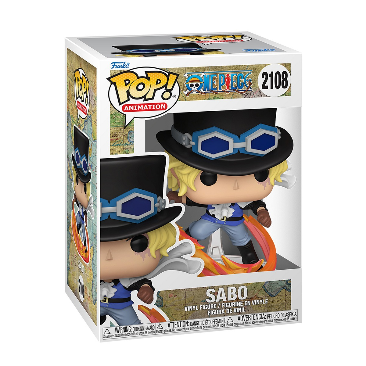 Funko Pop! Figur von Sabo aus One Piece in einem Karton mit Flammen-Detail.
