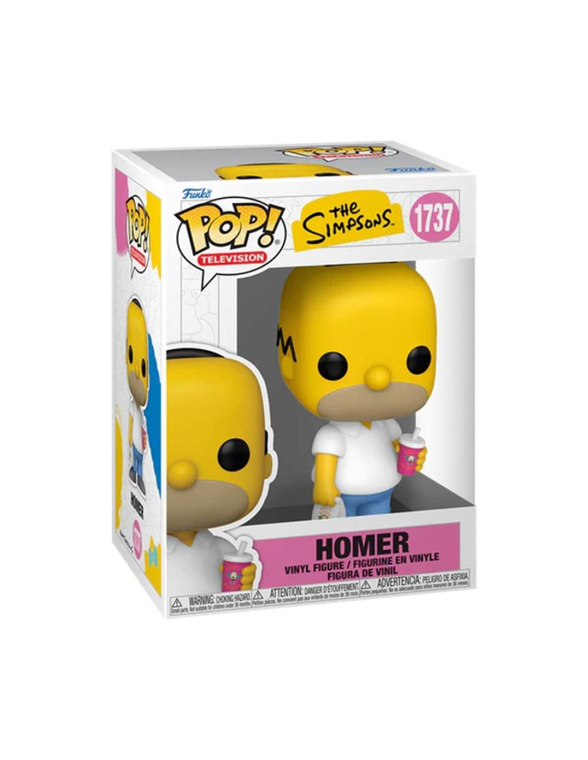 Figura Funko Pop de Homer Simpson en caja original con vaso rosa.