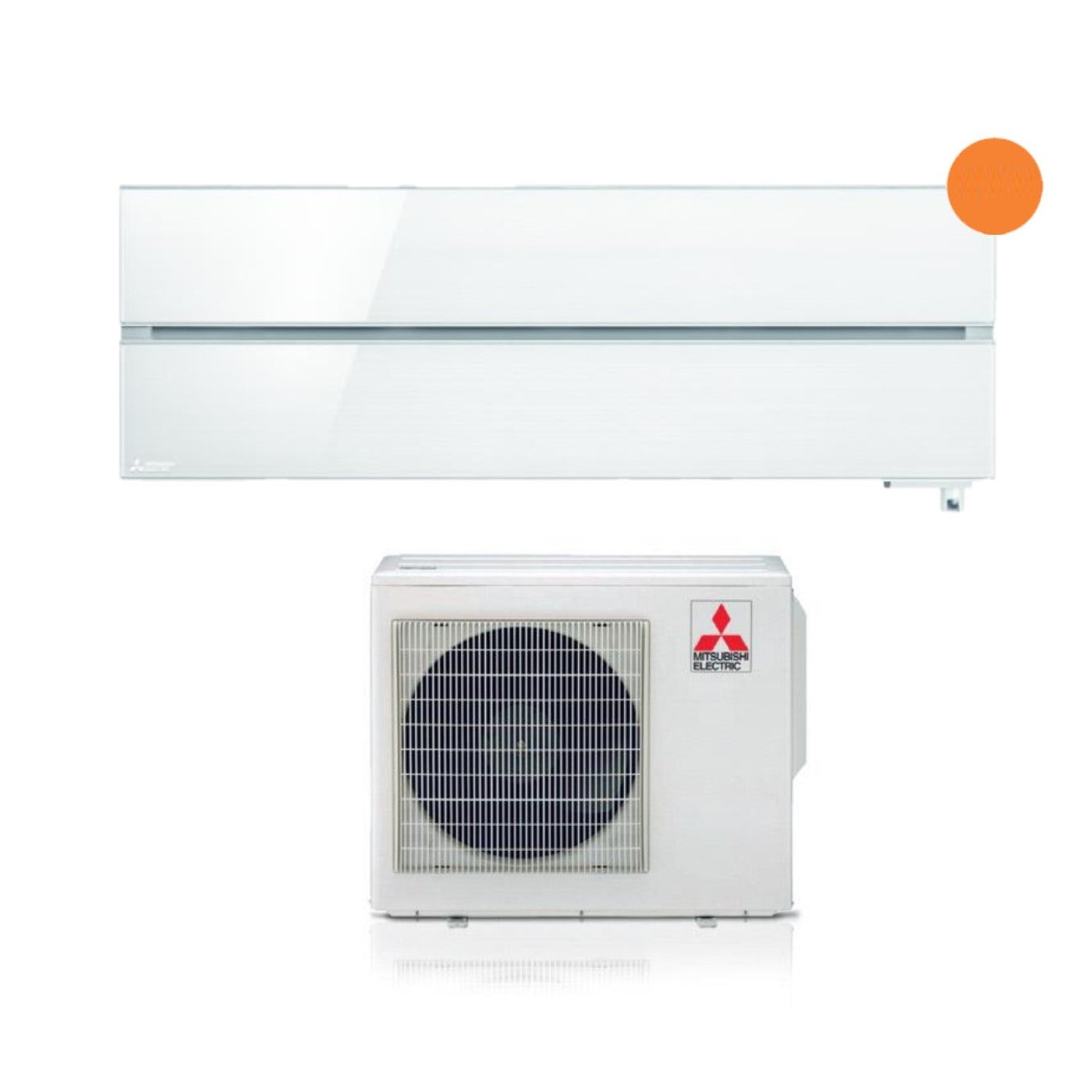 Un'unità interna di condizionatore bianca e un'unità esterna con logo Mitsubishi Electric.