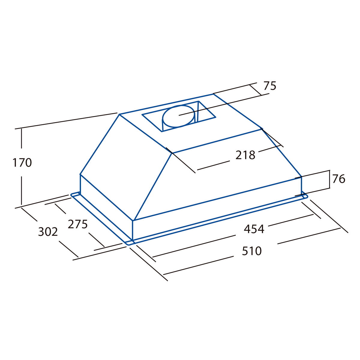 Dibujo técnico de una campana extractora con dimensiones en mm.