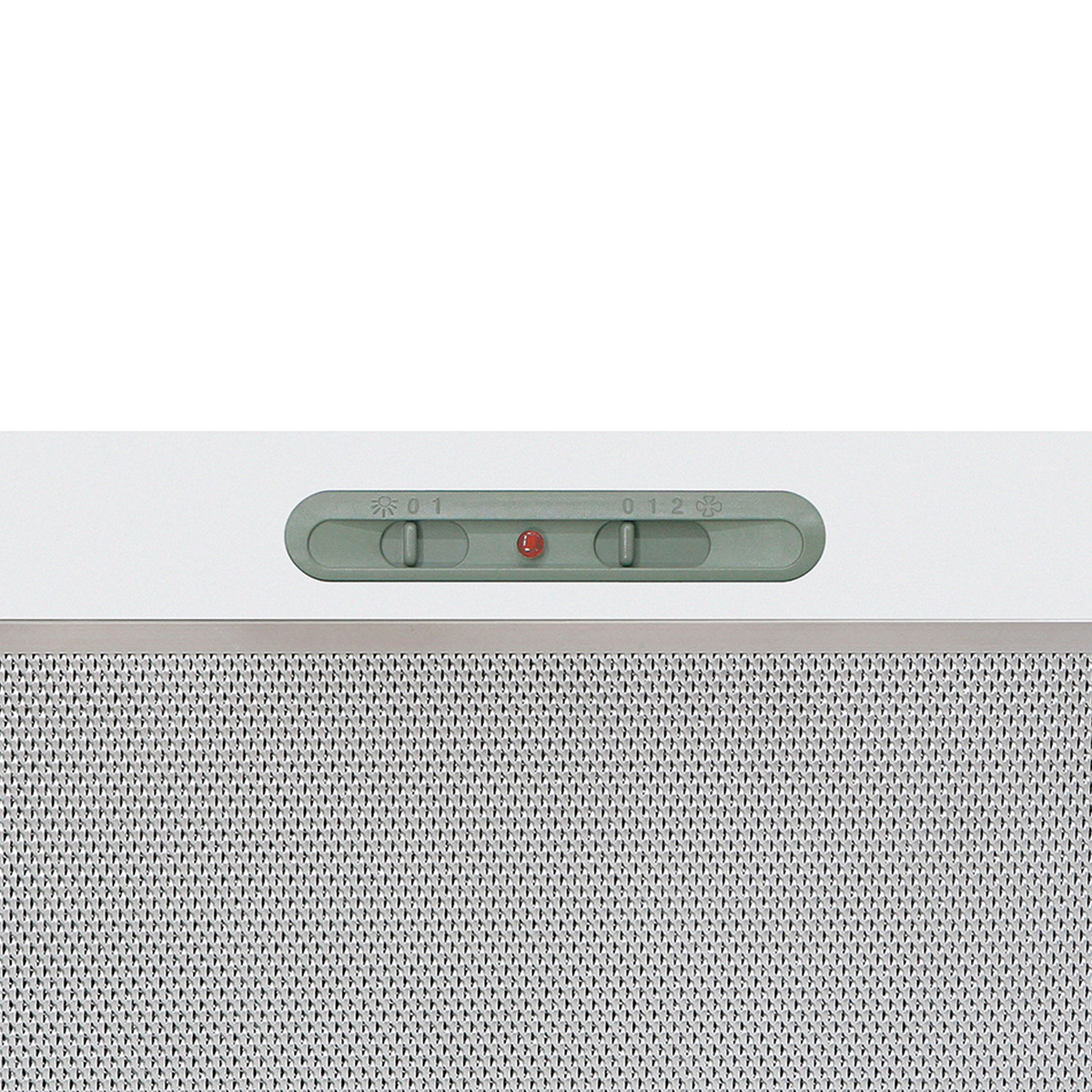 Rejilla de ventilador gris con controles verdes y luz roja.
