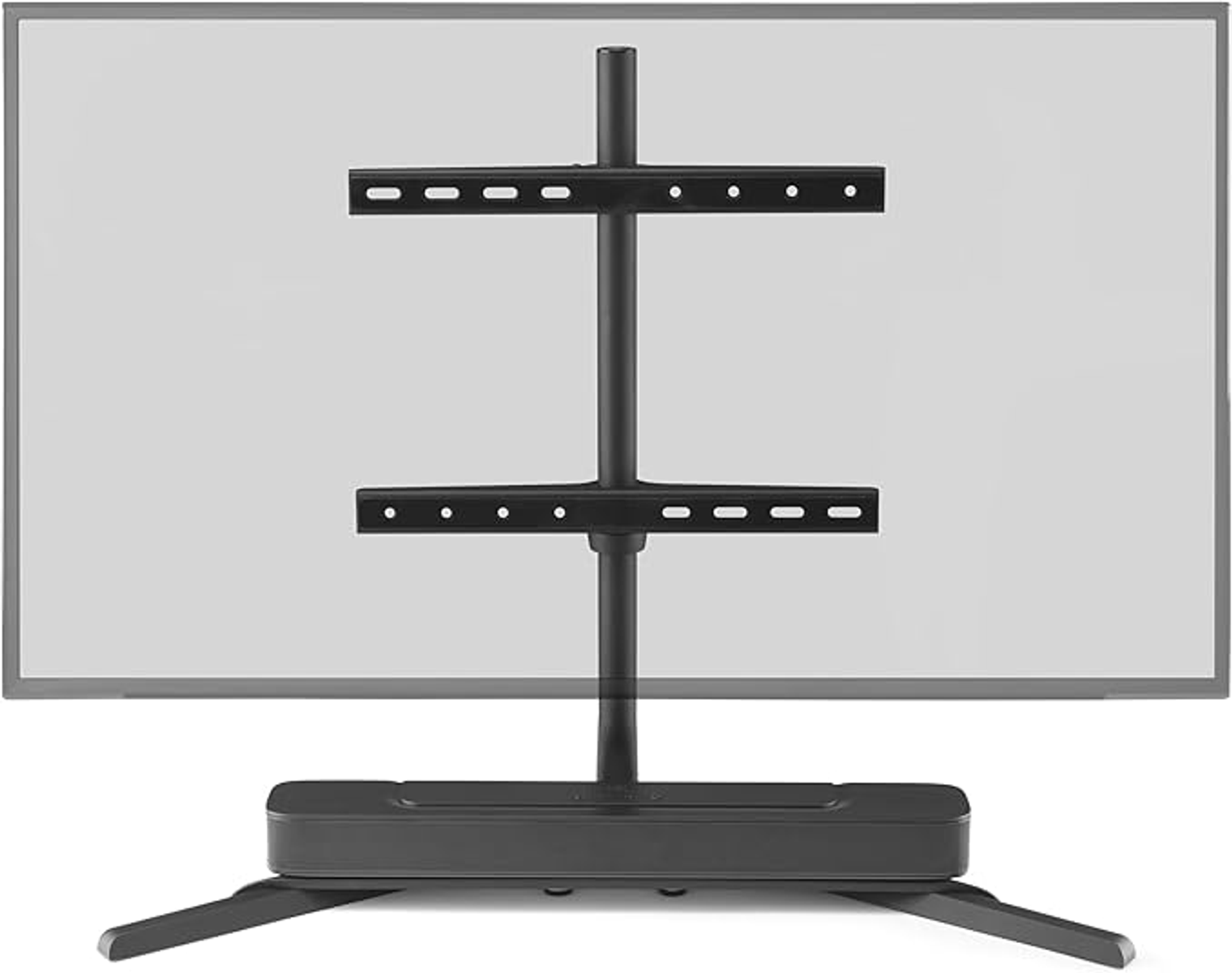 Ein schwarzer TV-Ständer mit Rädern und verstellbaren Halterungen für einen Fernseher.