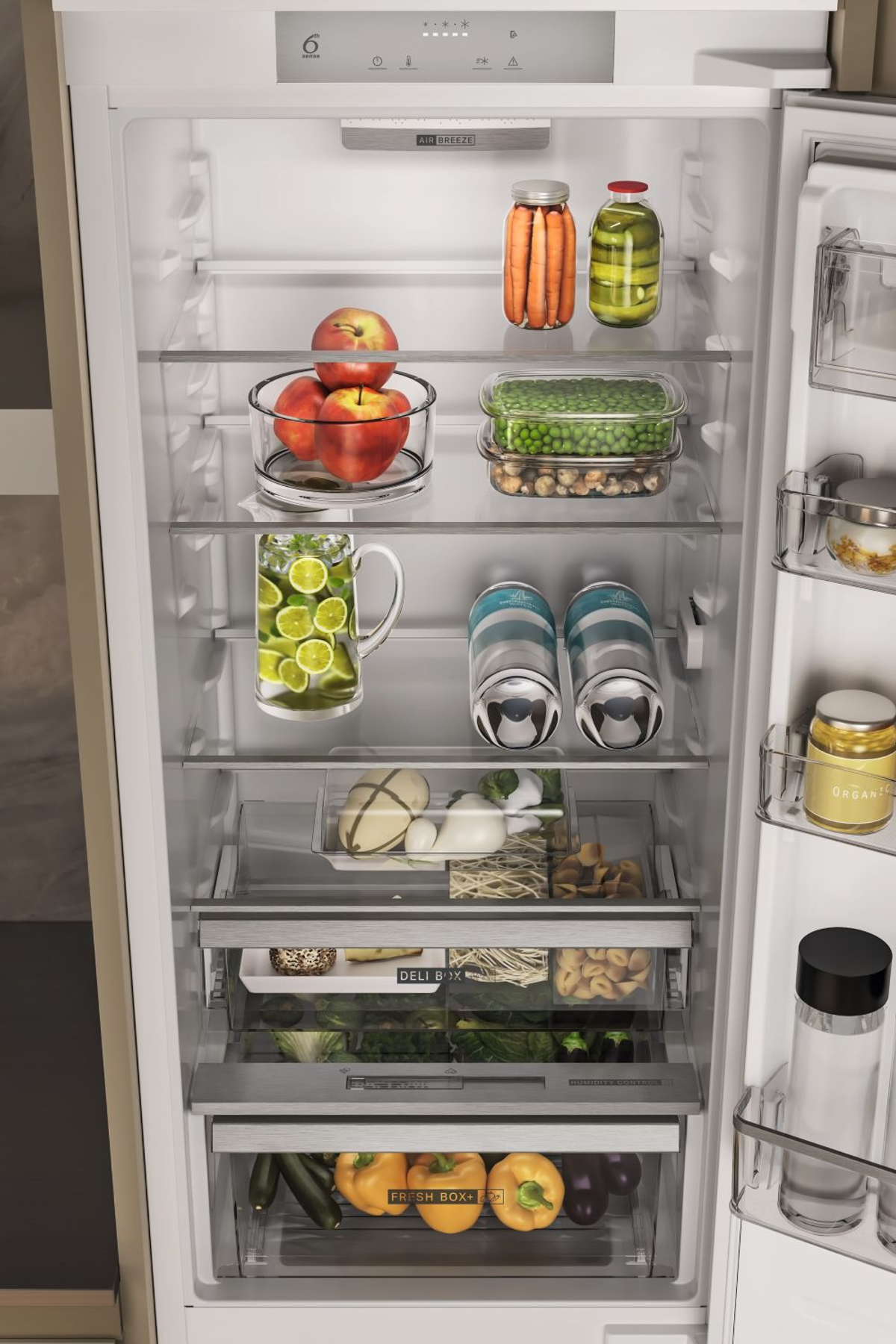 Refrigerador lleno con frutas, verduras, bebidas y conservas.