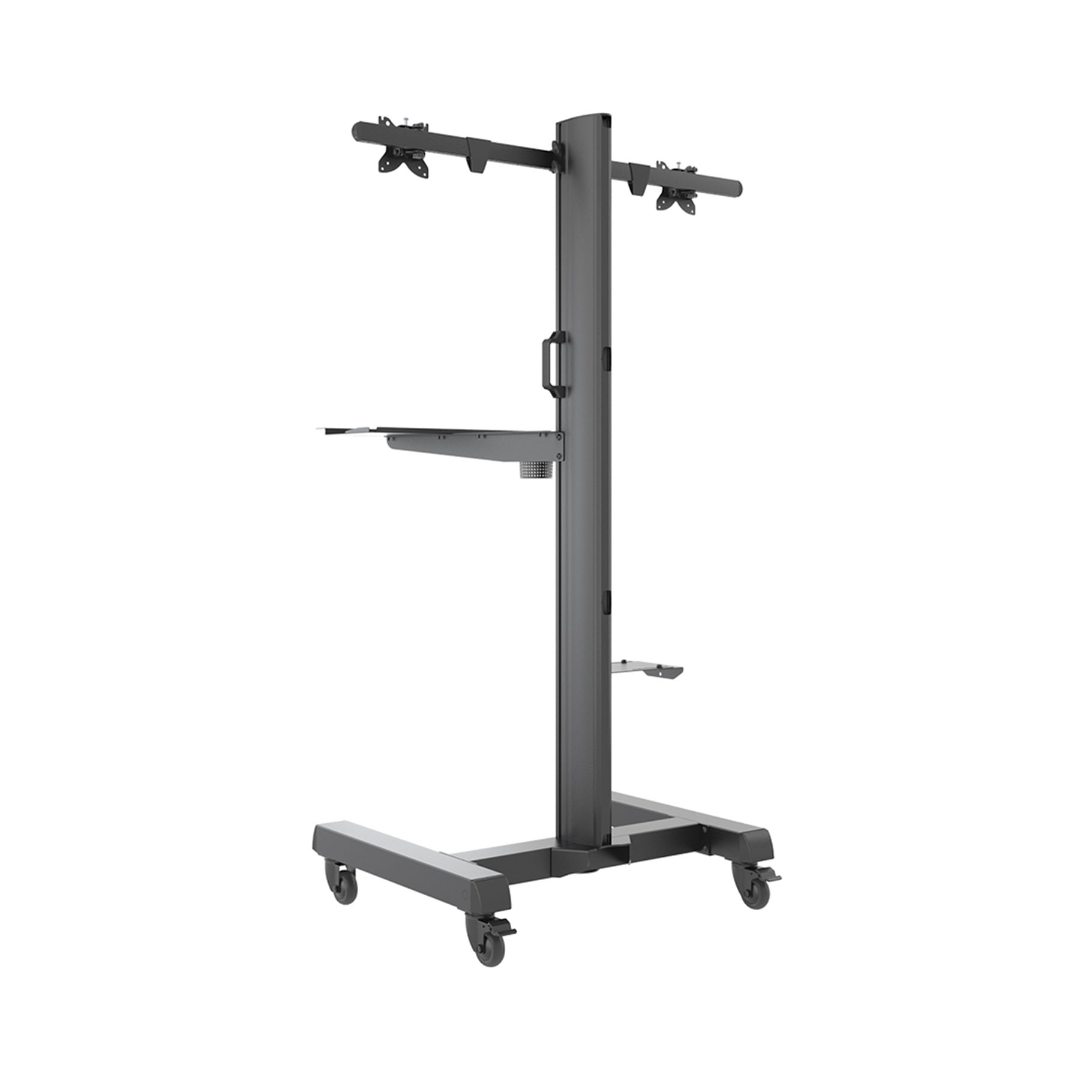 Un soporte de monitor oscuro y móvil con dos brazos y estantes.