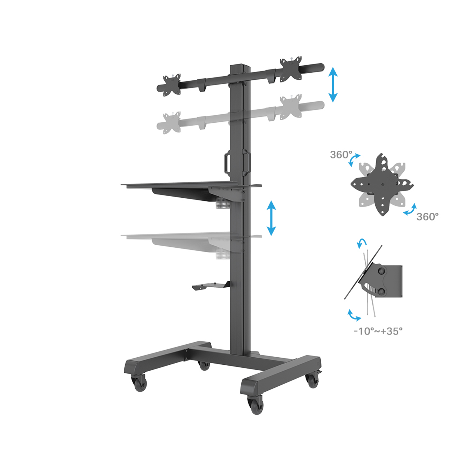 Un soporte móvil con soportes duales para monitor, estantes y ruedas.