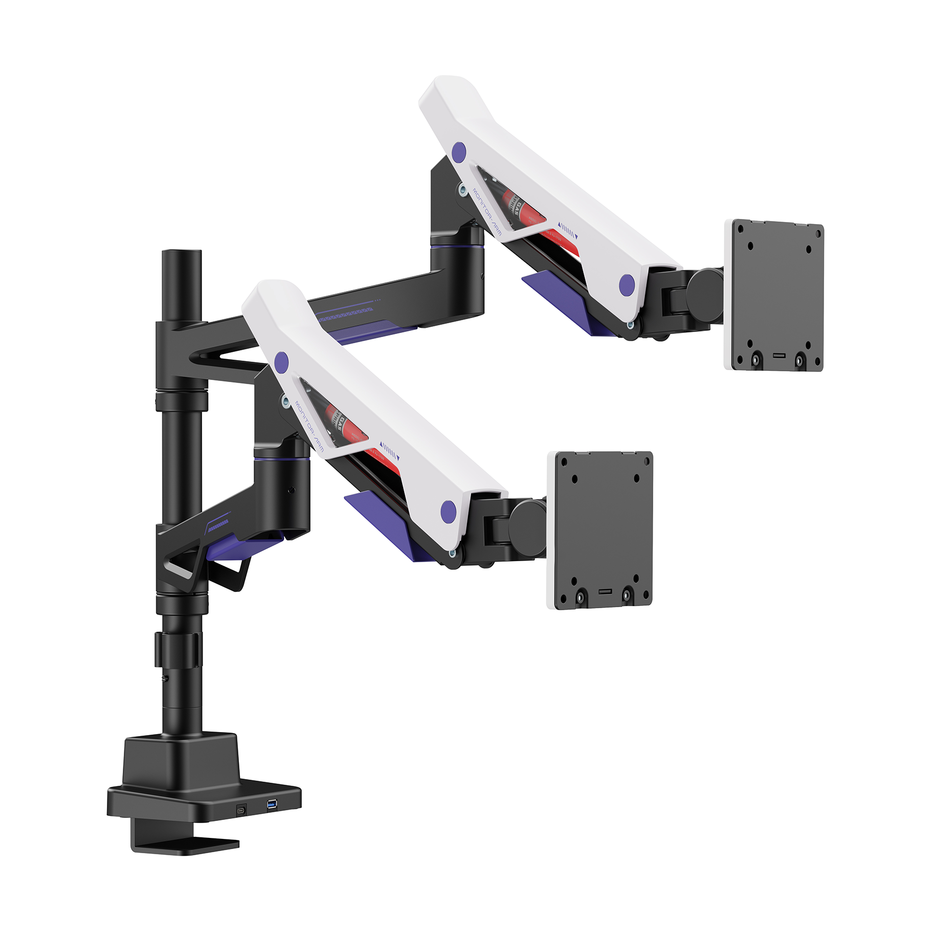 Un brazo doble para monitor negro con carcasa blanca y detalles azules, sujeto a un escritorio.