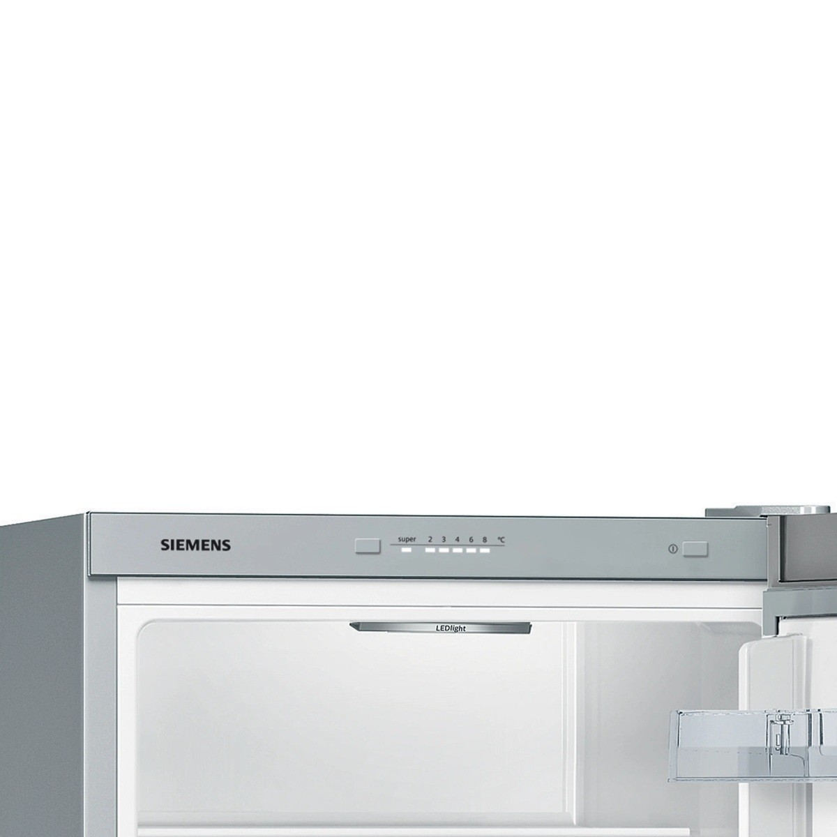 Siemens-Kühlschrank innen mit LED-Licht und Temperatureinstellungen.