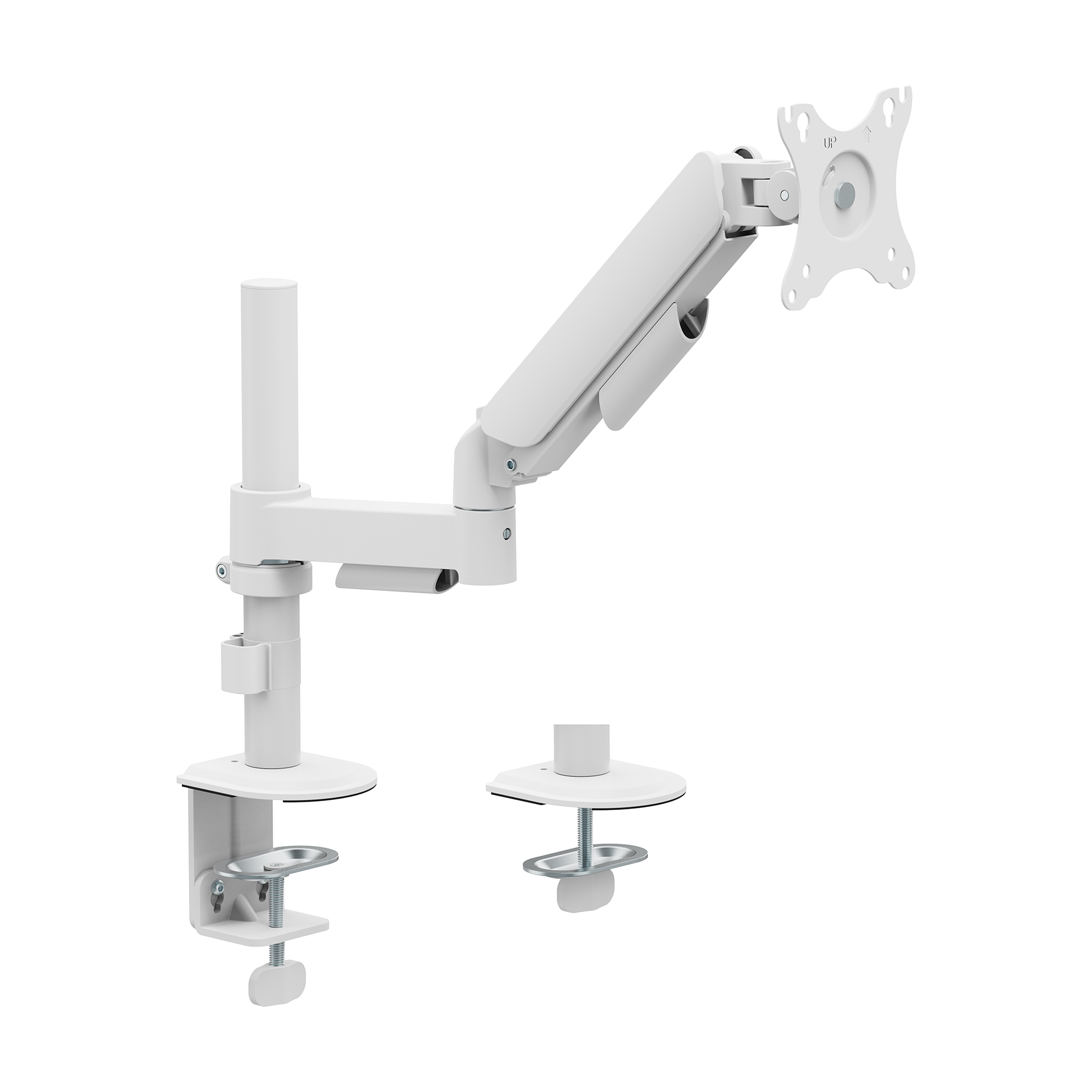 Un soporte de monitor blanco con abrazadera de escritorio y montaje VESA sobre fondo blanco.