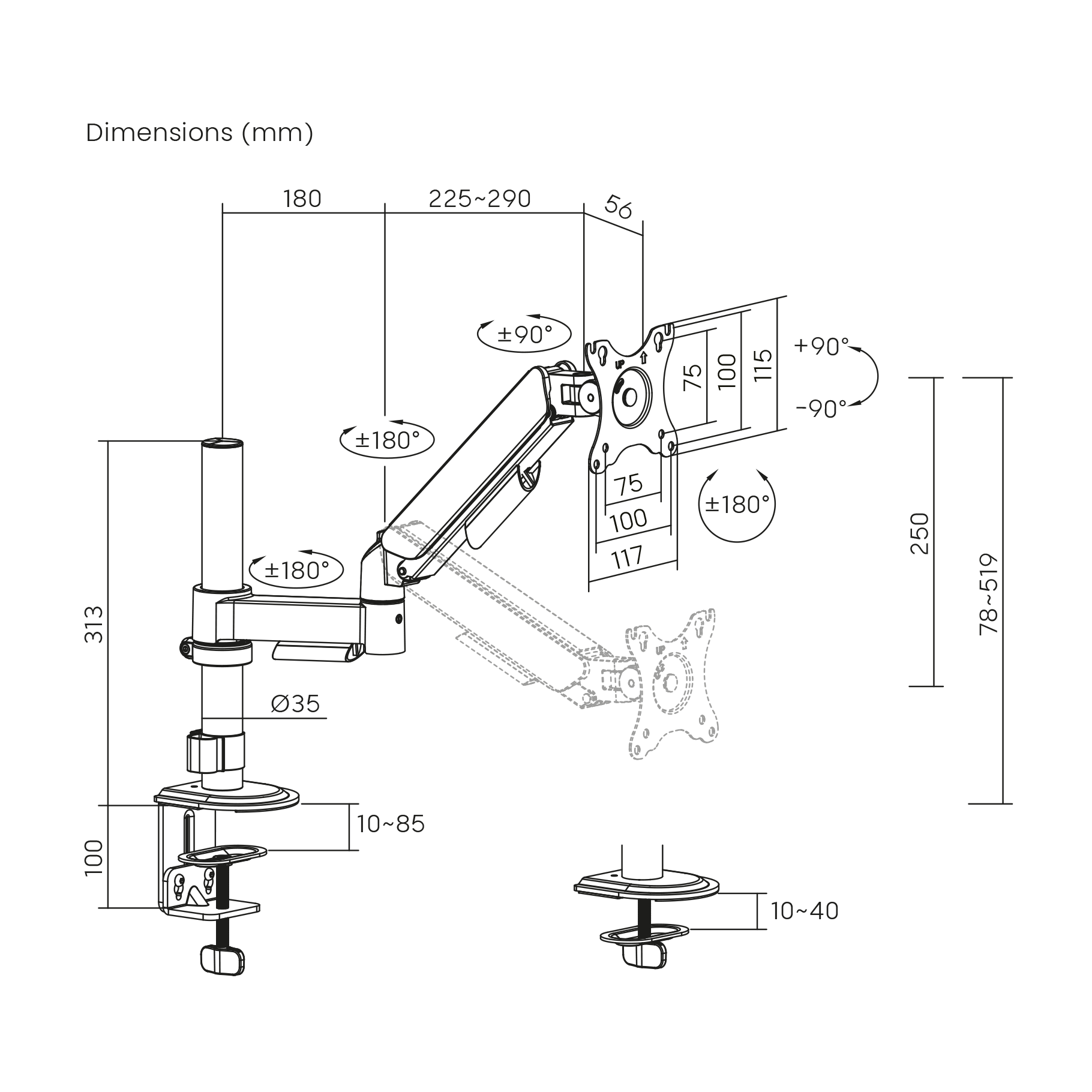 Dibujo técnico de un soporte de monitor con dimensiones y ángulos.