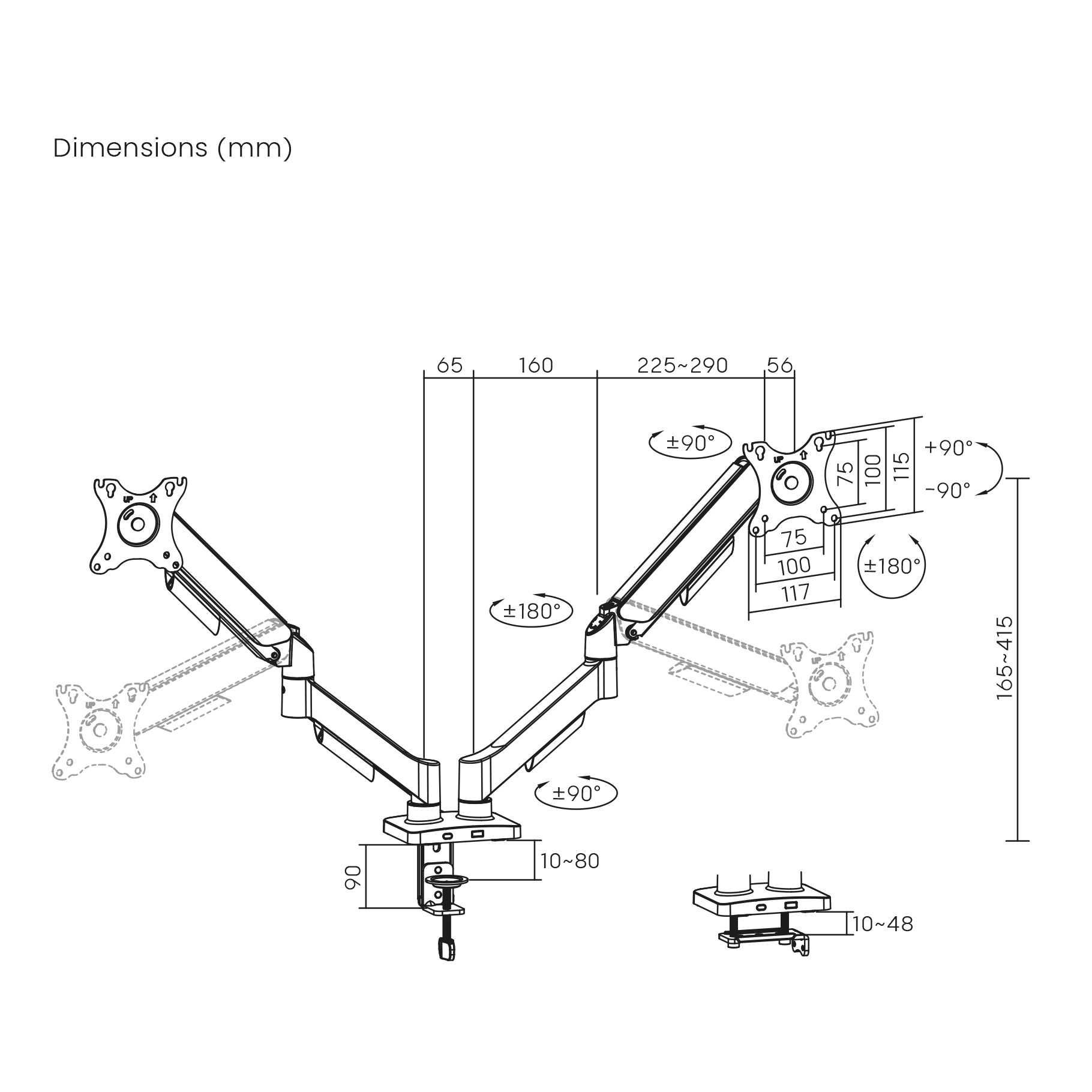 Dibujo técnico de un brazo para monitor con dimensiones y especificaciones de ángulo.