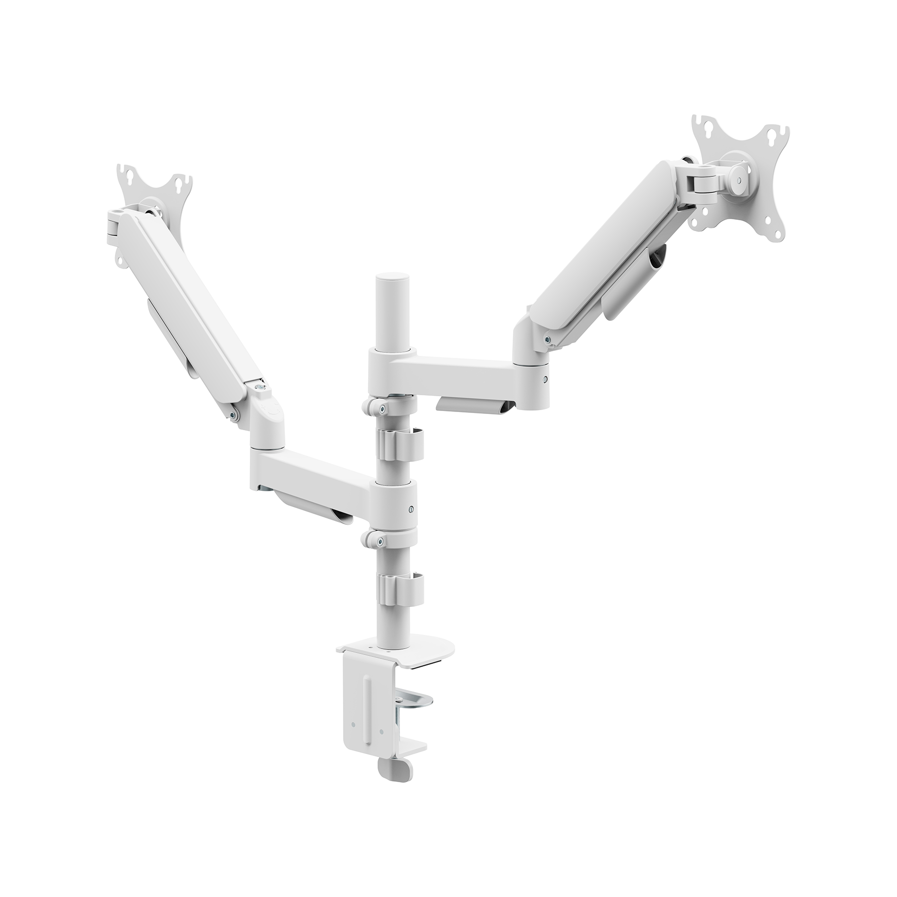 Un brazo doble para monitor blanco con base de abrazadera y juntas flexibles.