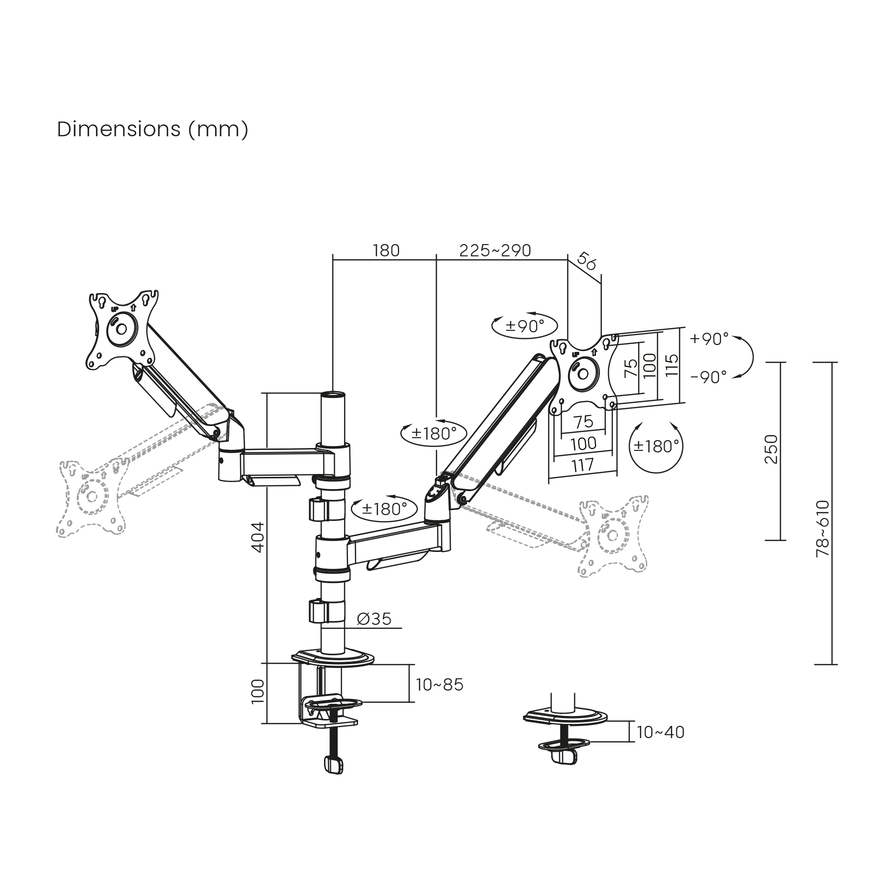 Dibujo técnico de un brazo para monitor con dimensiones y ángulos.
