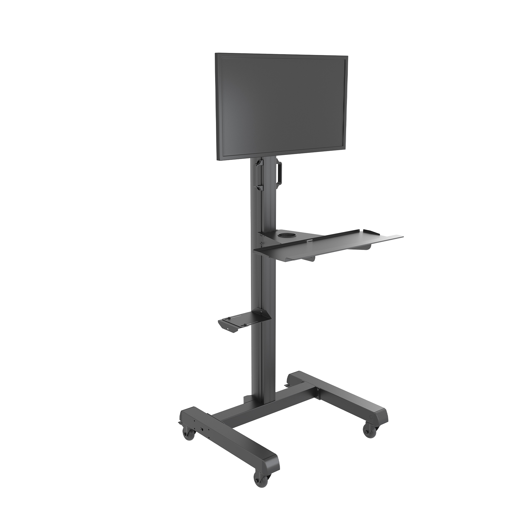 Un soporte de monitor oscuro con ruedas, estantes y asa.
