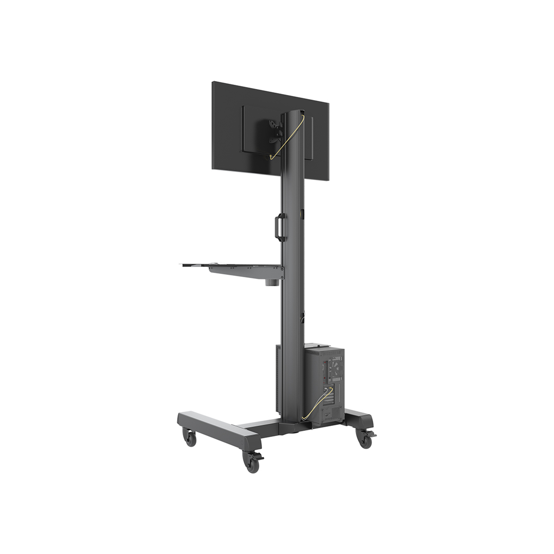 Un monitor negro sobre un soporte con ruedas, estante y torre de ordenador.