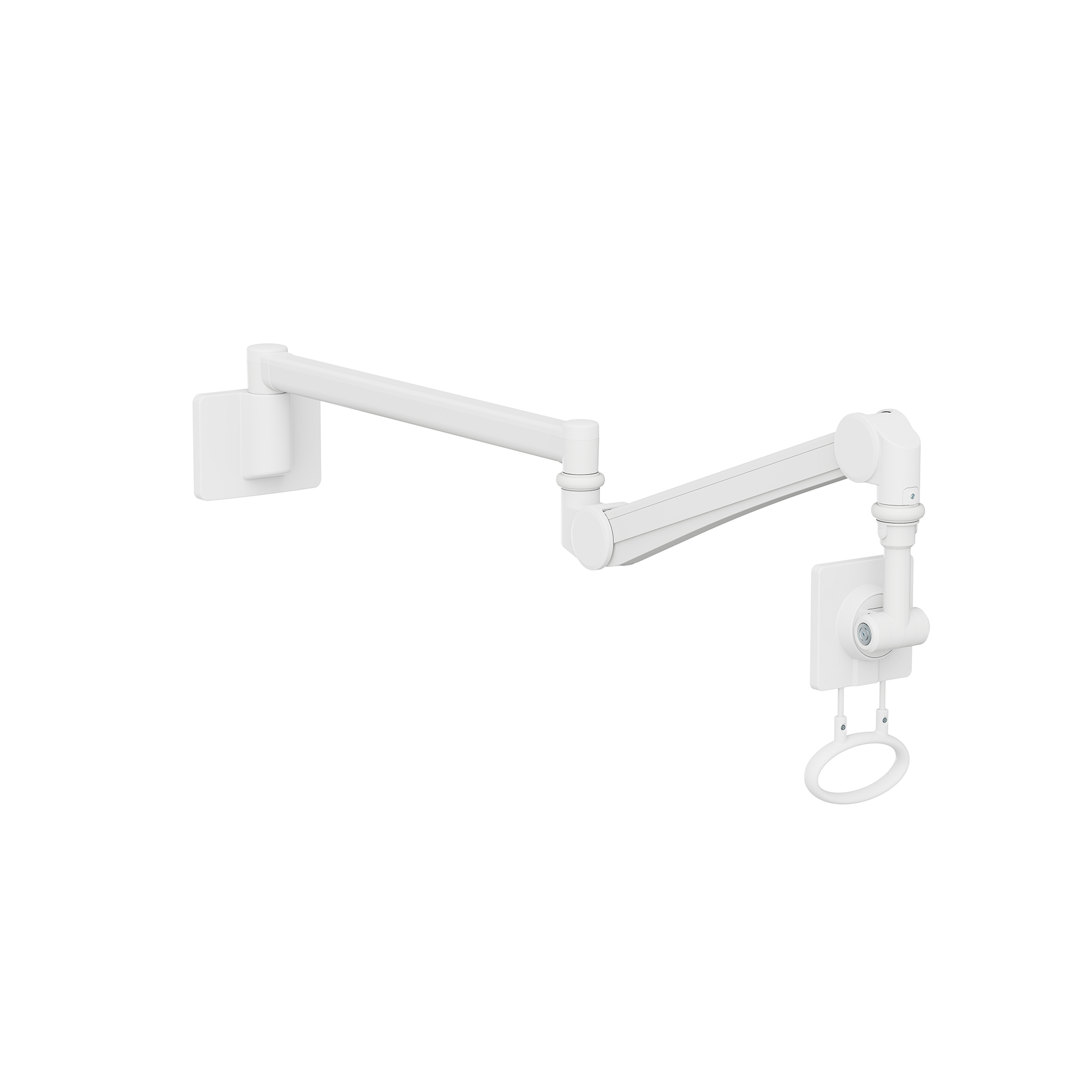 Un brazo articulado blanco con soporte para anillo montado en pared.