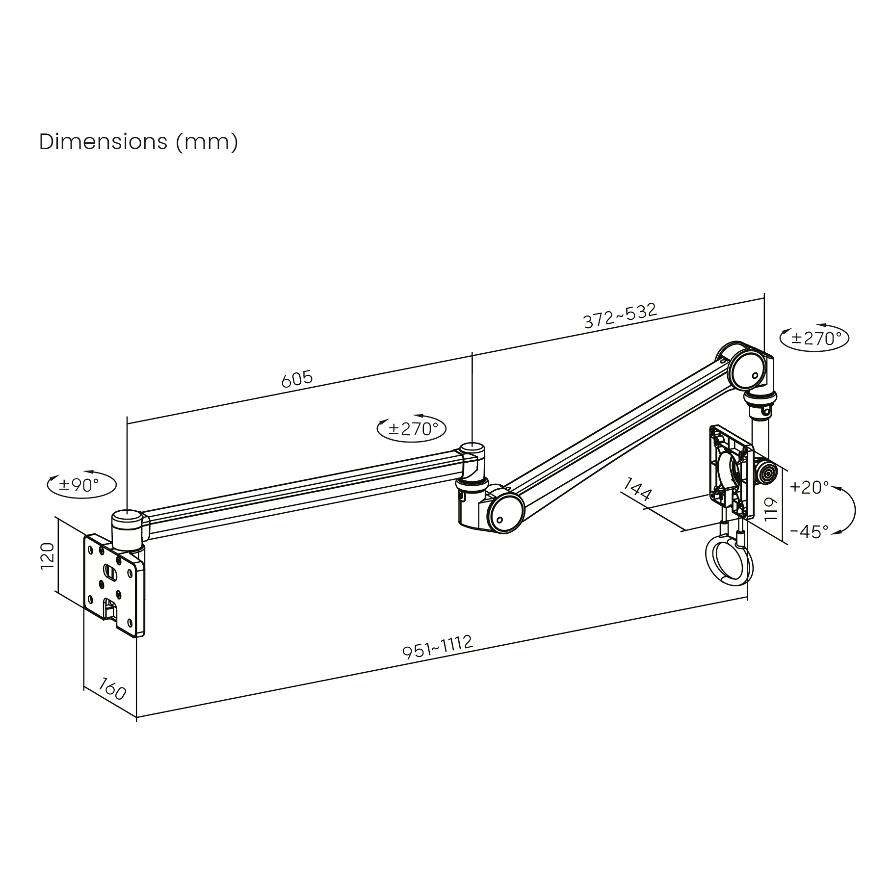 Dibujo técnico de un brazo de monitor con dimensiones y ángulos.