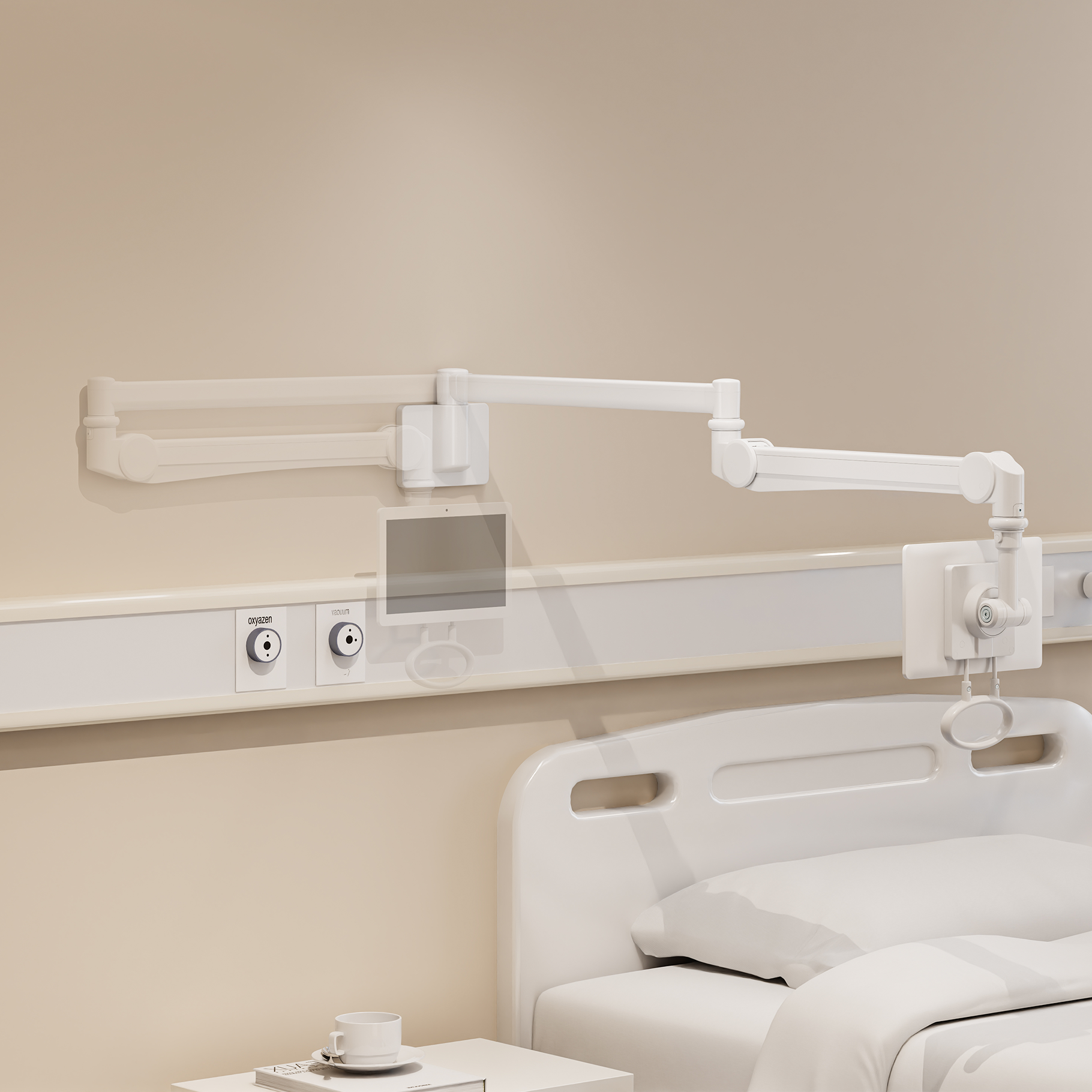 Una cama de hospital con equipo médico en la pared, tomas de oxígeno y vacío.