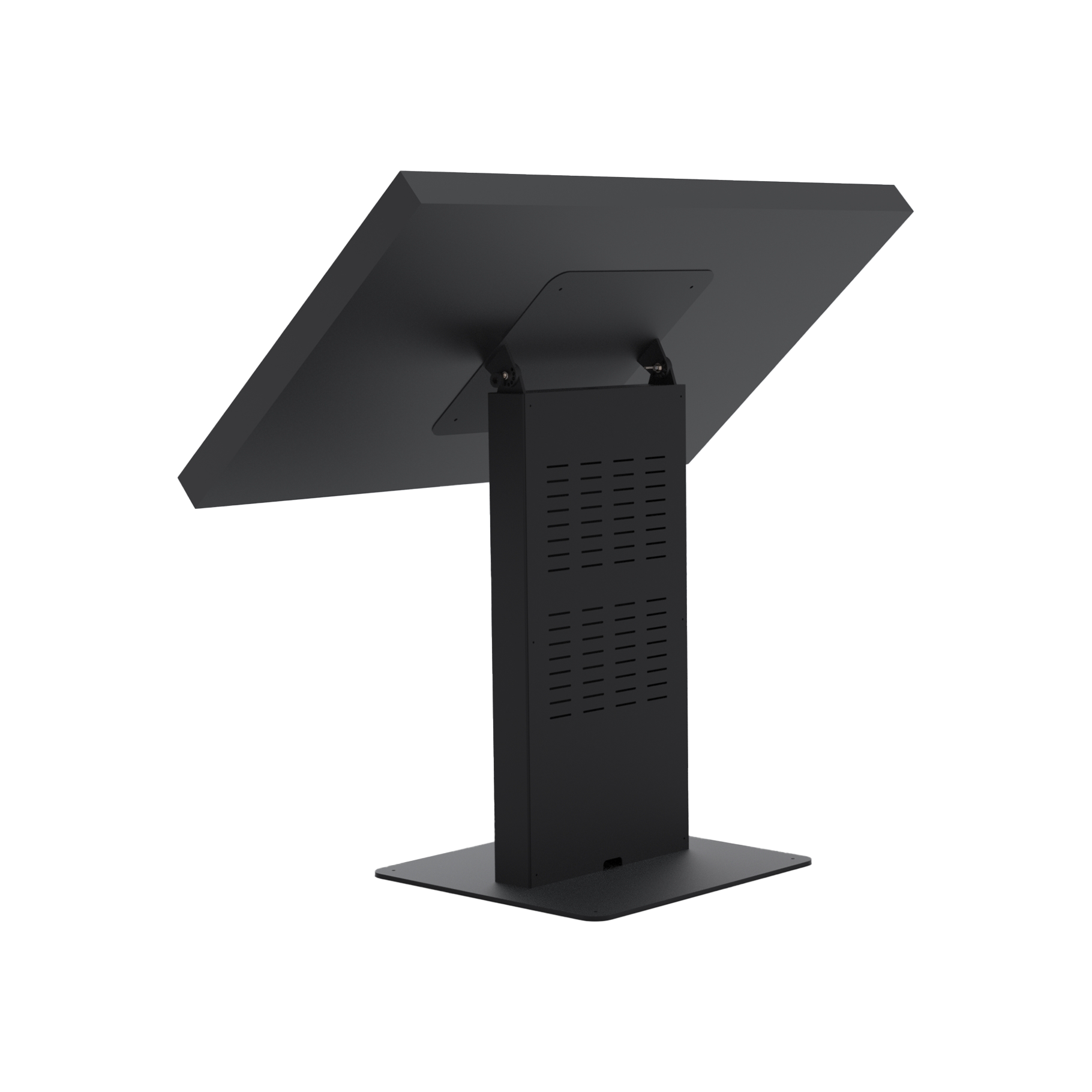 Una pantalla digital negra independiente con rejillas de ventilación sobre una base rectangular.