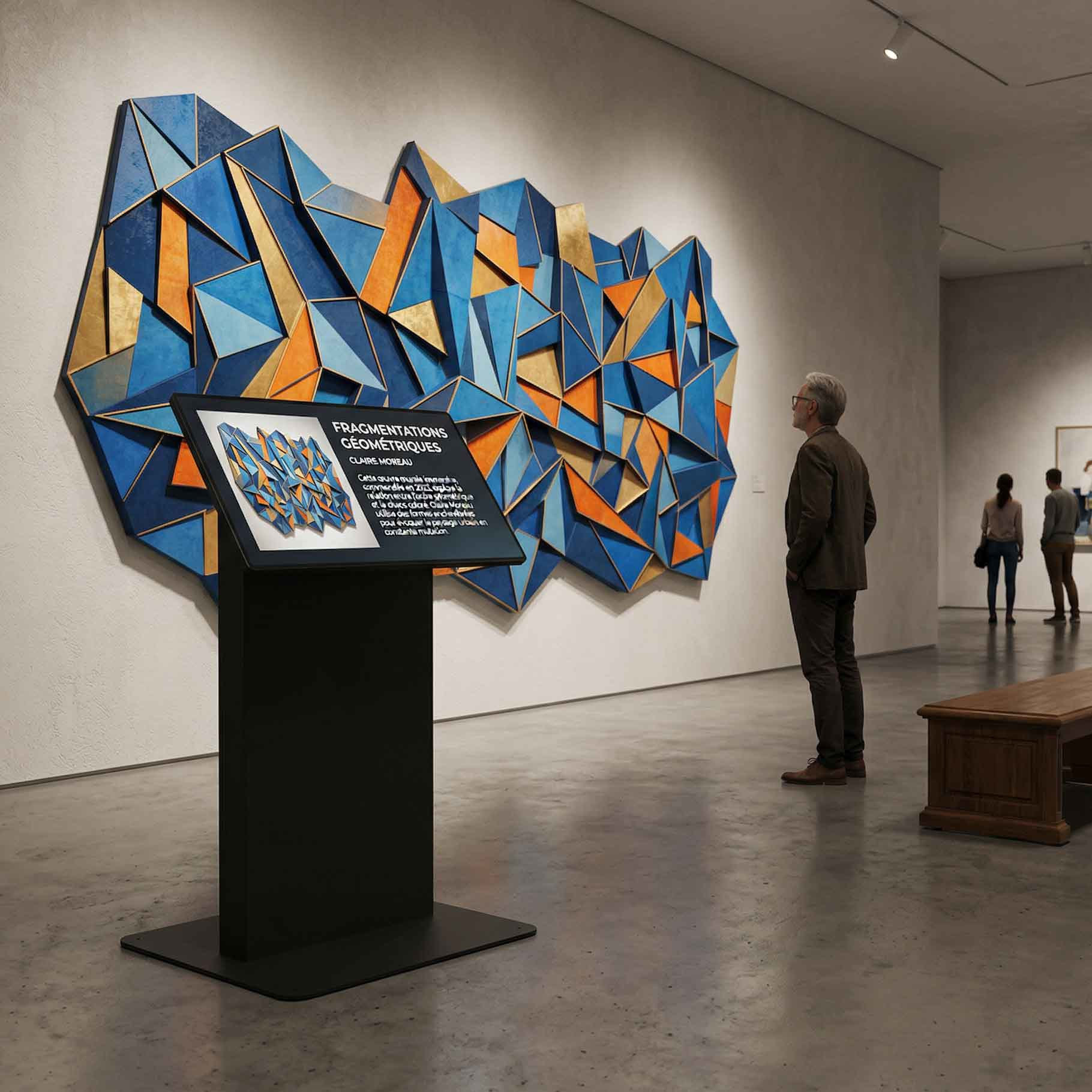 Un hombre observa una instalación de arte geométrico en azul y naranja.