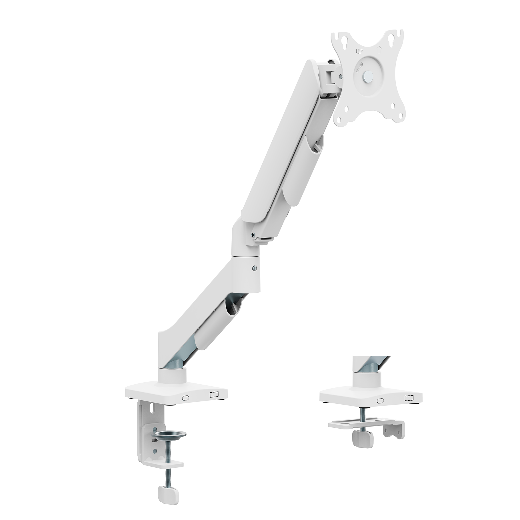 Un brazo de monitor blanco con base de abrazadera y placa VESA, sobre fondo blanco.