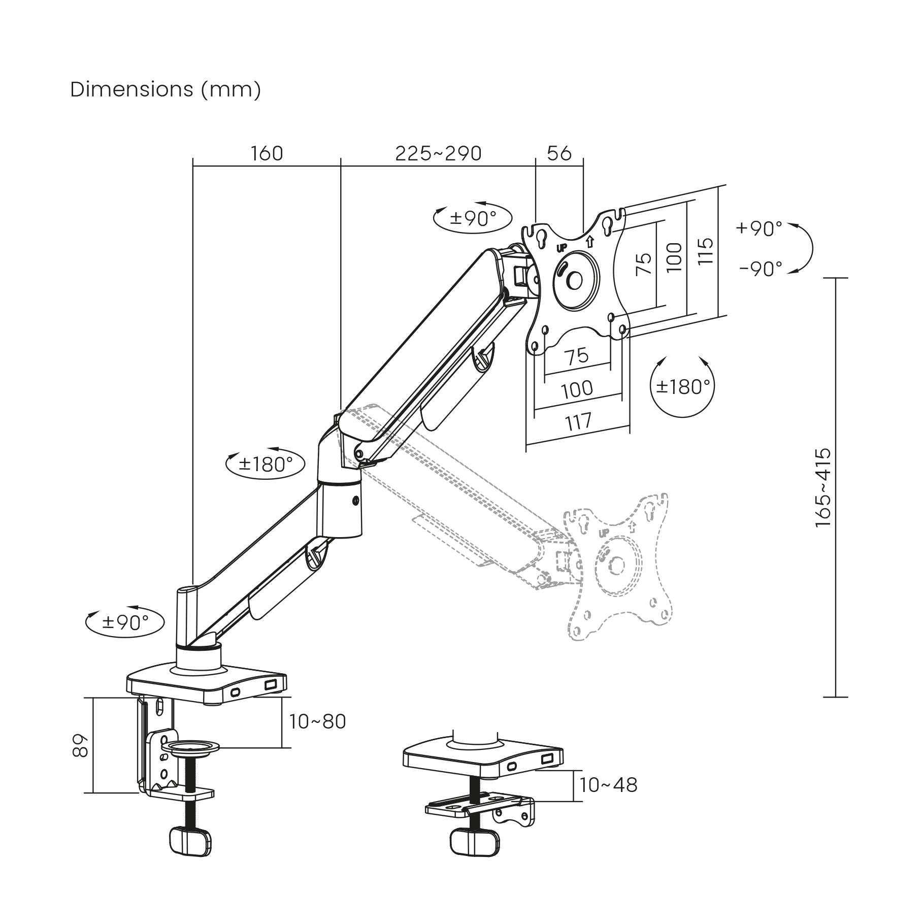 Dibujo técnico de un brazo de monitor con dimensiones y ángulos.