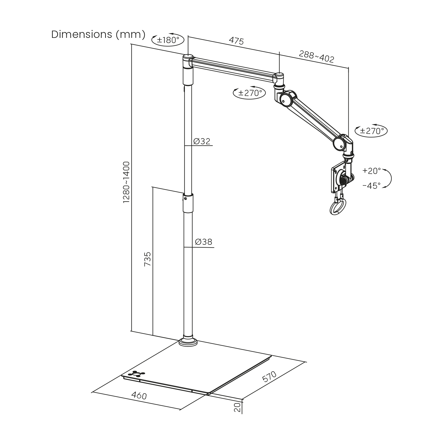 Dibujo técnico de un brazo ajustable sobre una base rectangular con dimensiones.