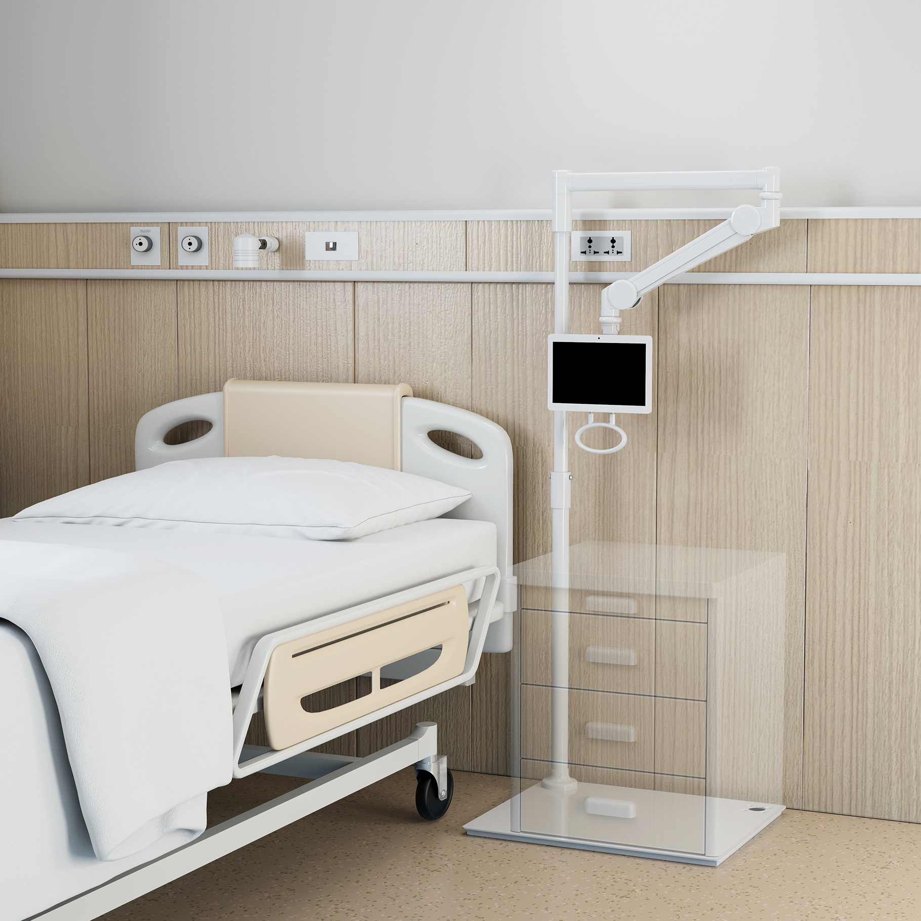 Una cama de hospital con ropa de cama blanca, una mesita de noche y un brazo monitor con pantalla negra.