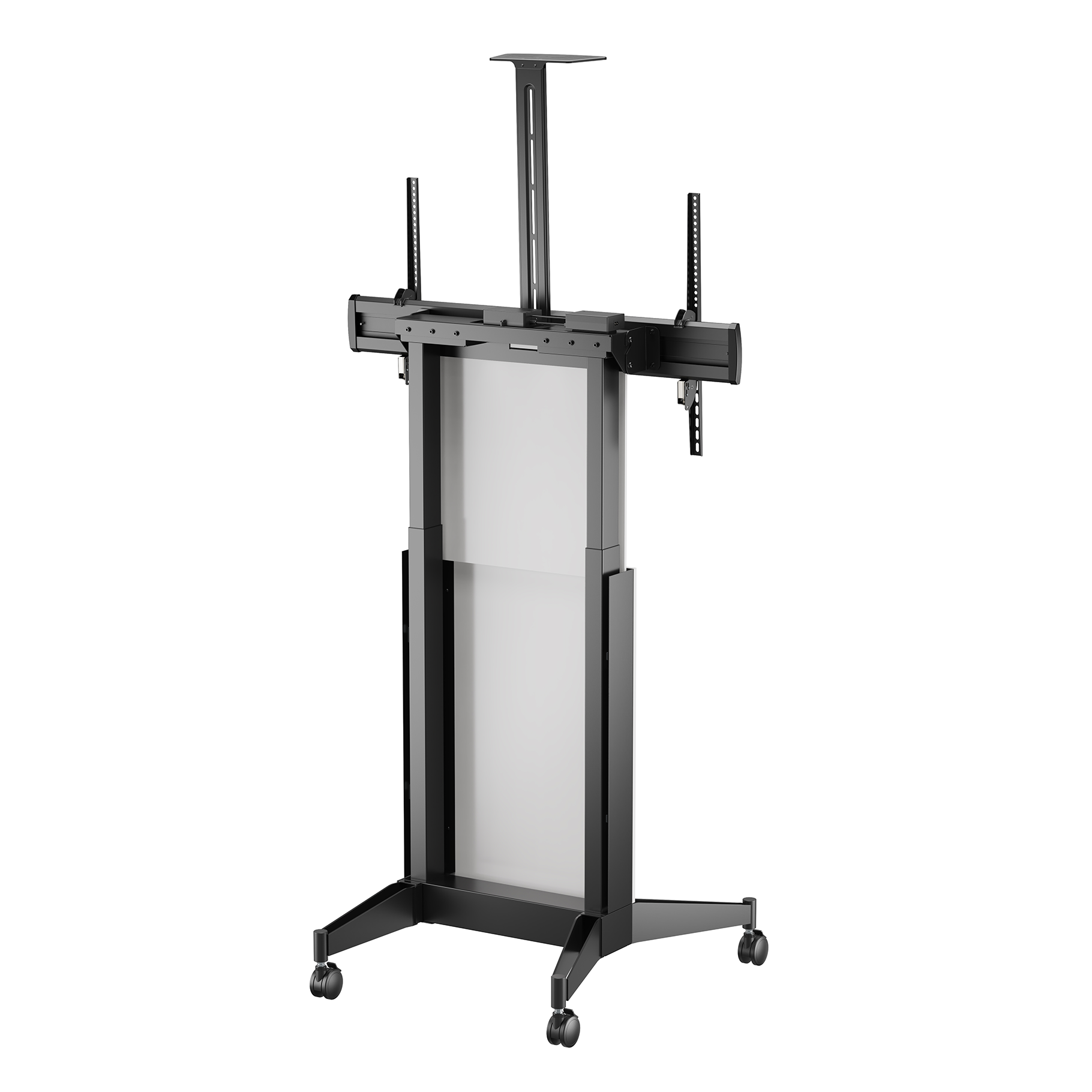 Soporte negro móvil para TV con soporte ajustable y ruedas.