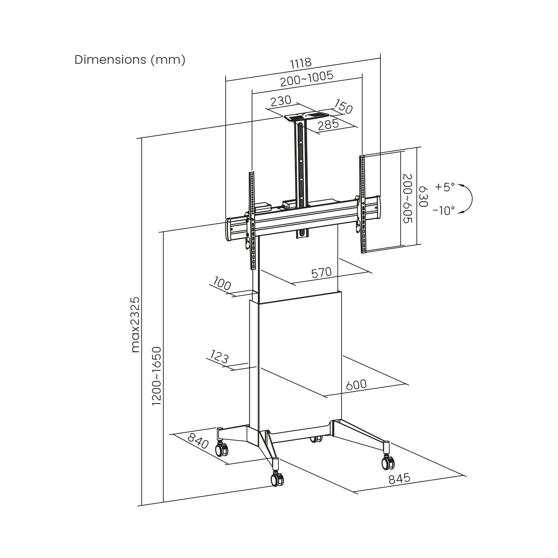 Dibujo técnico de un soporte de TV móvil con dimensiones y ángulos.