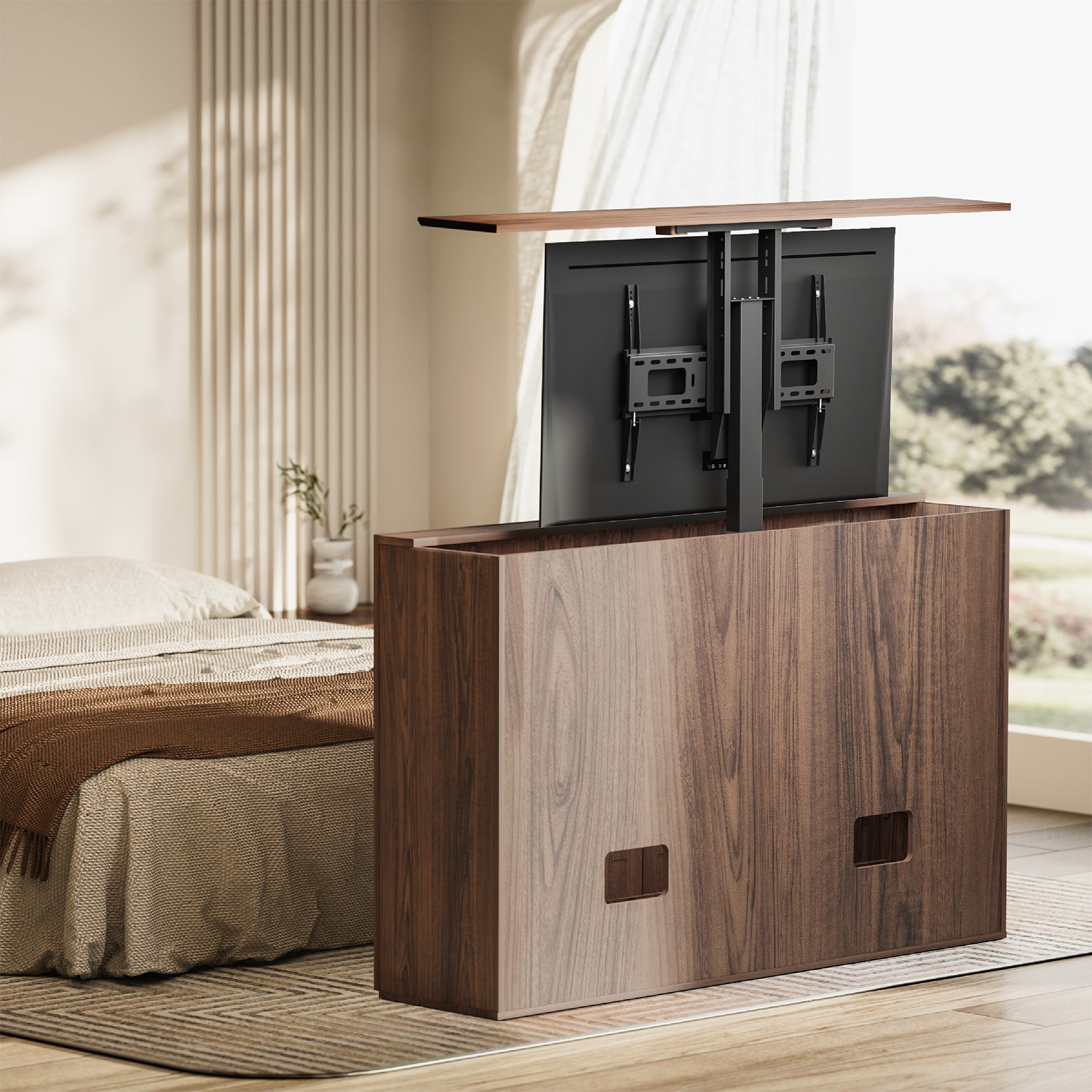 Un mueble de madera con TV extendida y soporte, junto a una cama.