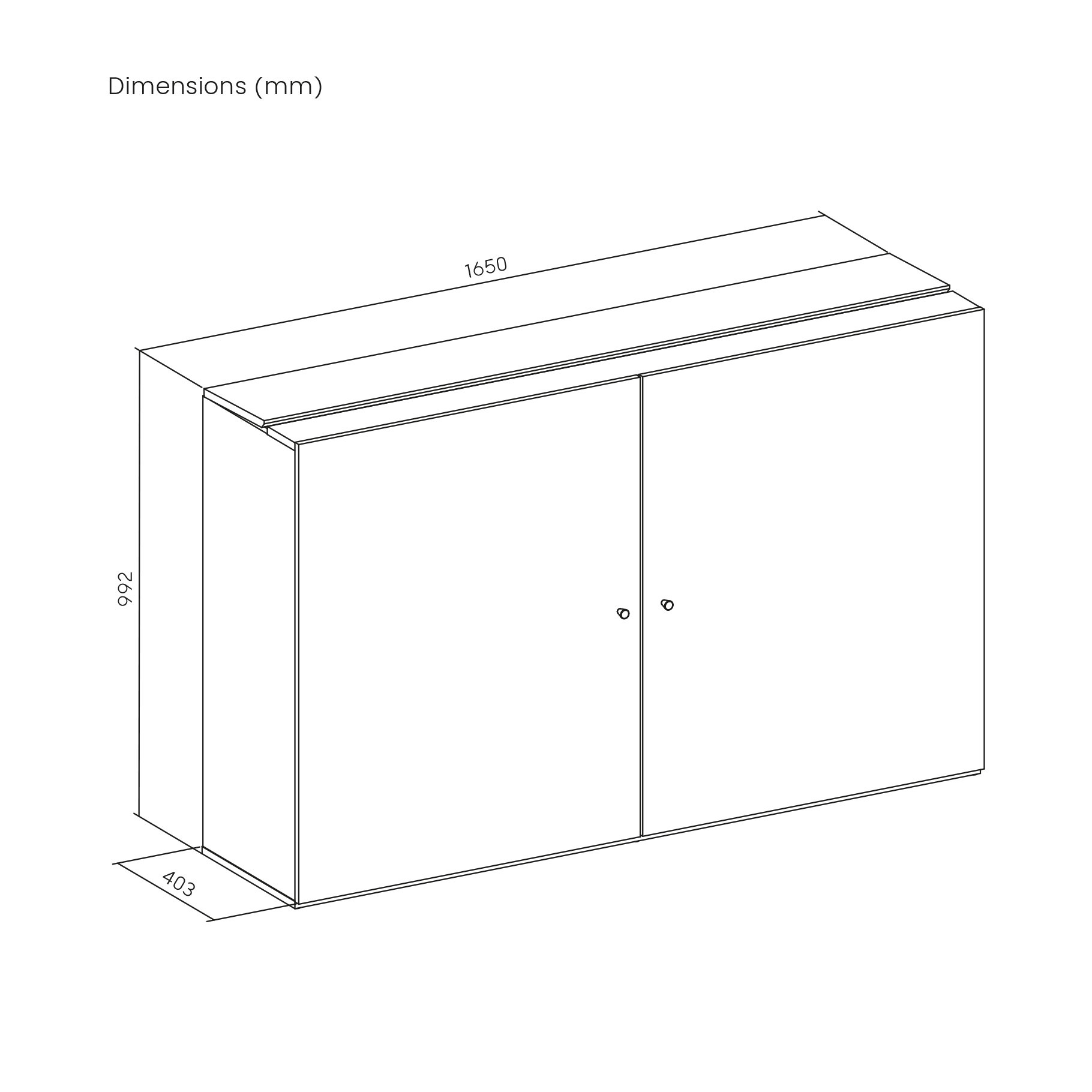Un dibujo lineal de un armario con dos puertas, dimensiones 1650x992x403mm.