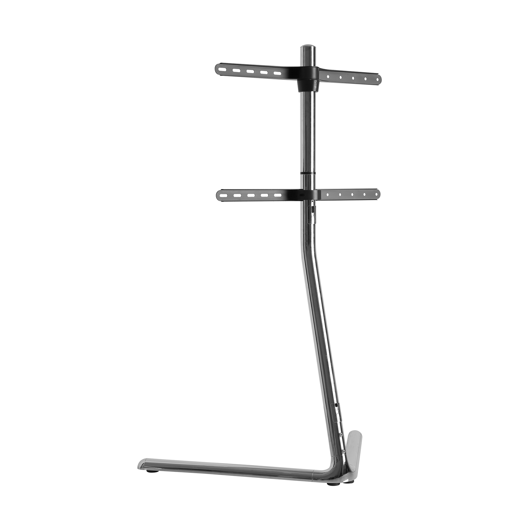 Un soporte plateado brillante para TV con dos soportes negros.
