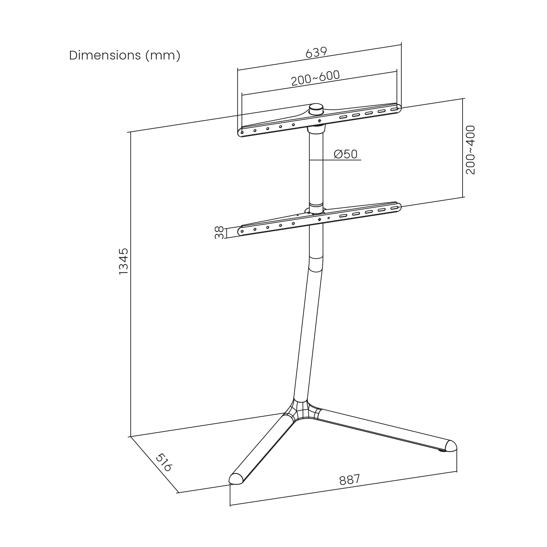 Dibujo técnico de un soporte de TV con dimensiones y detalles.