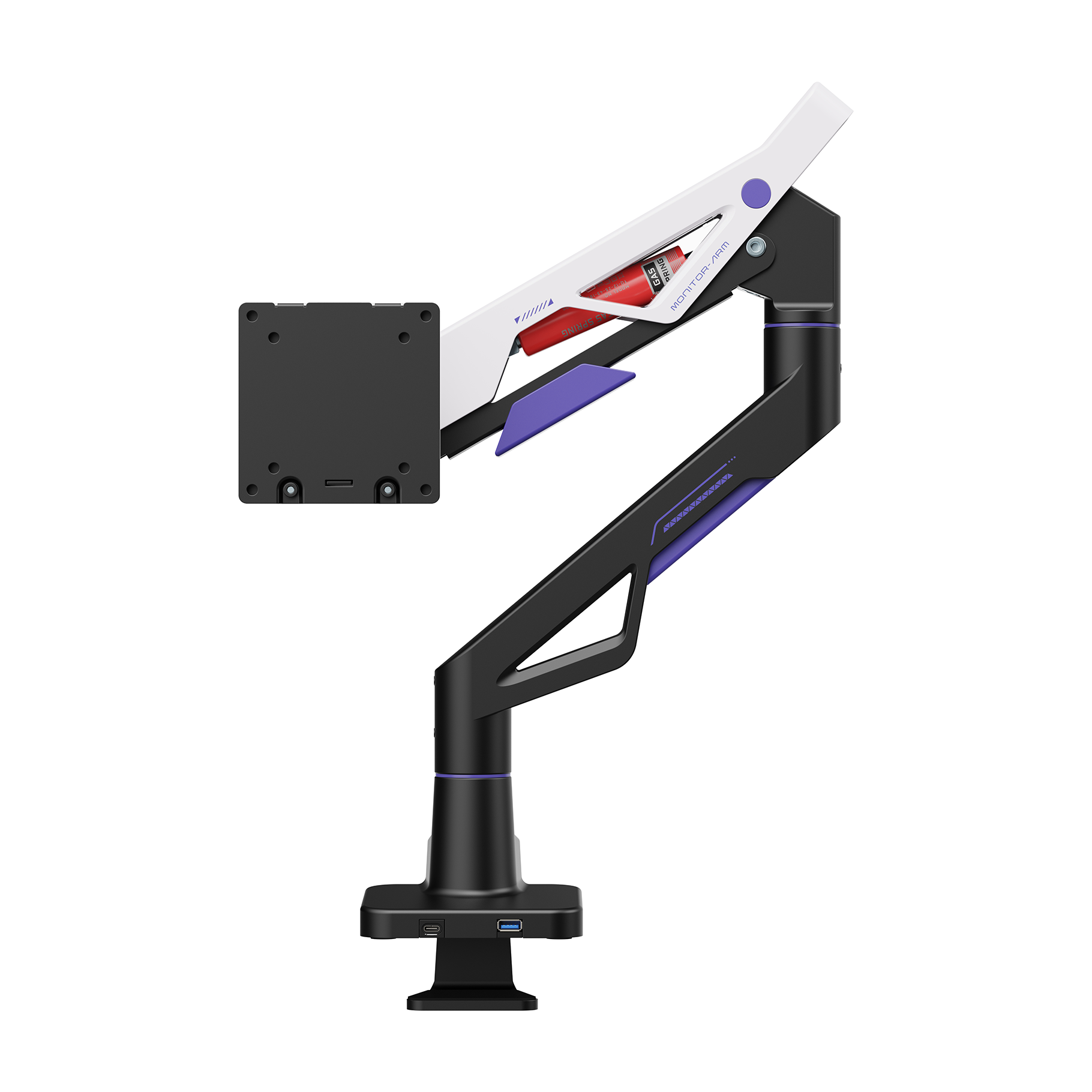 Un brazo de monitor negro con detalles morados y un cilindro de resorte de gas.