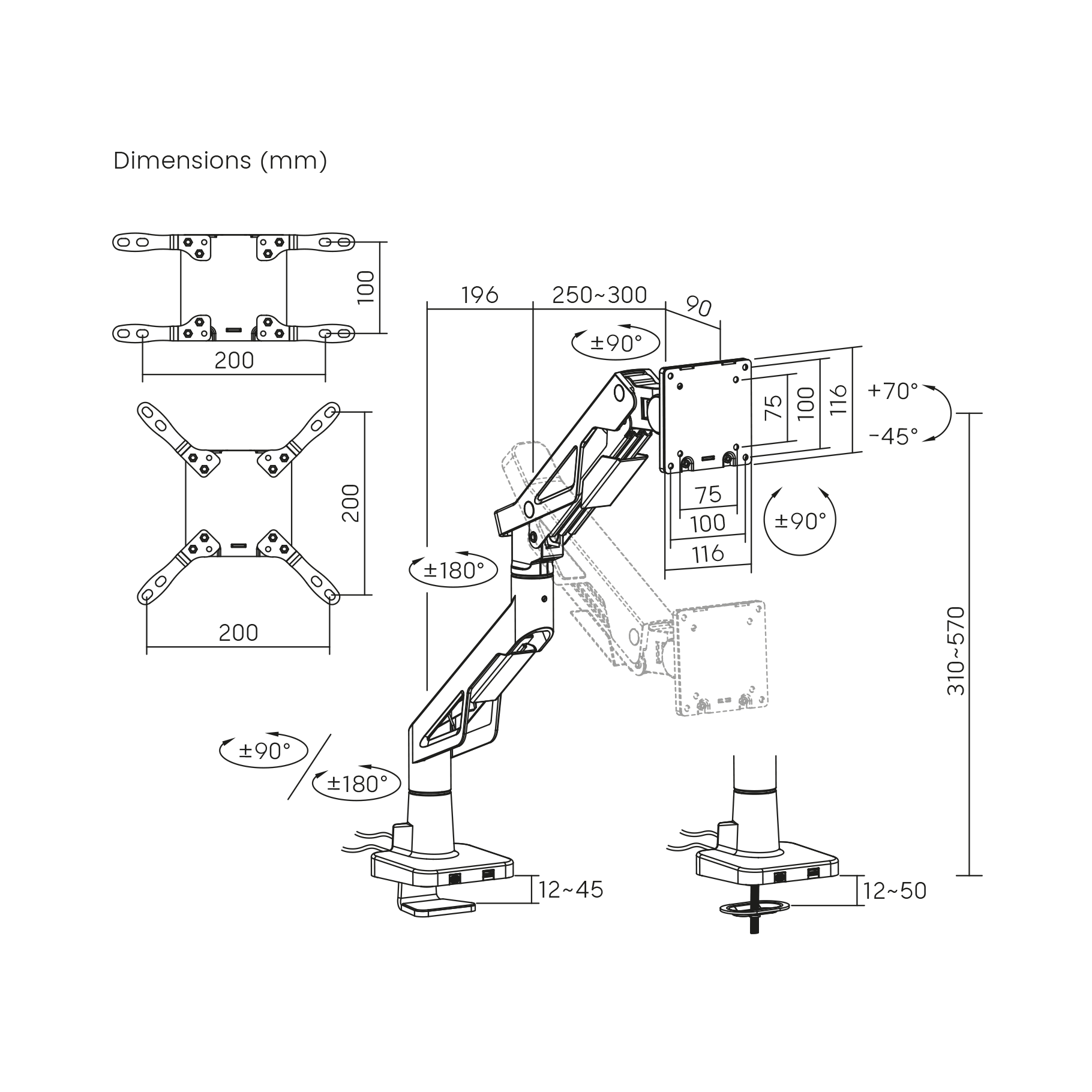 Diagrama de un brazo de monitor con dimensiones. Muestra base, brazo y soporte VESA.