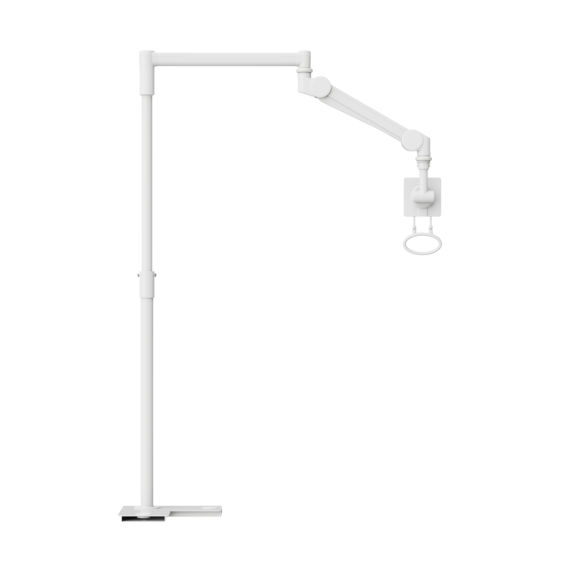 Un soporte de brazo articulado blanco y ajustable con soporte circular.